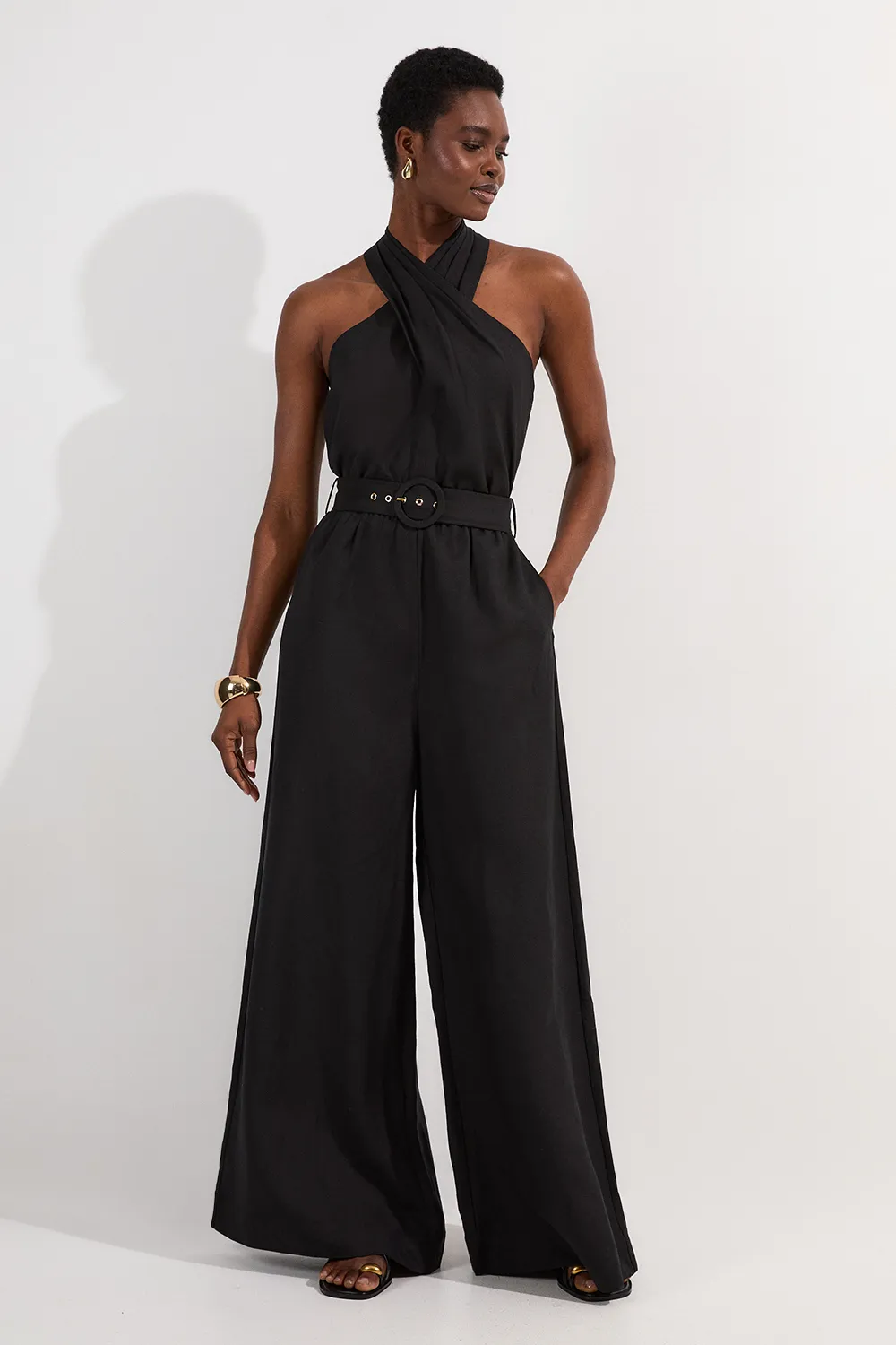 Linen Viscose Cross Front Woven Belted Jumpsuit BKK24951