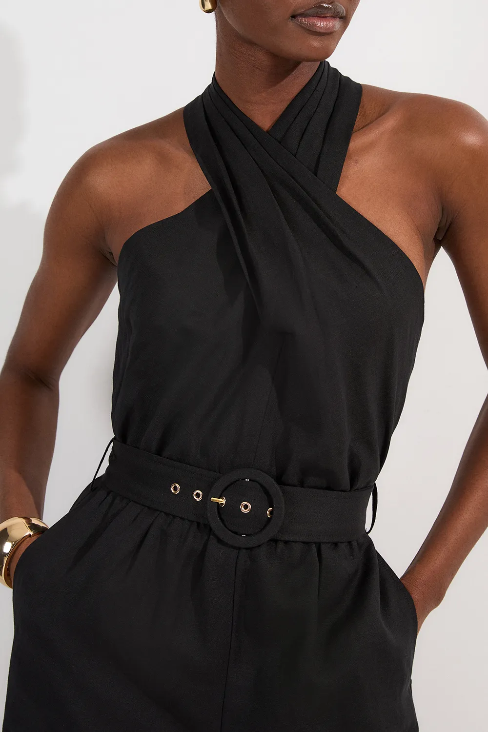 Linen Viscose Cross Front Woven Belted Jumpsuit BKK24951