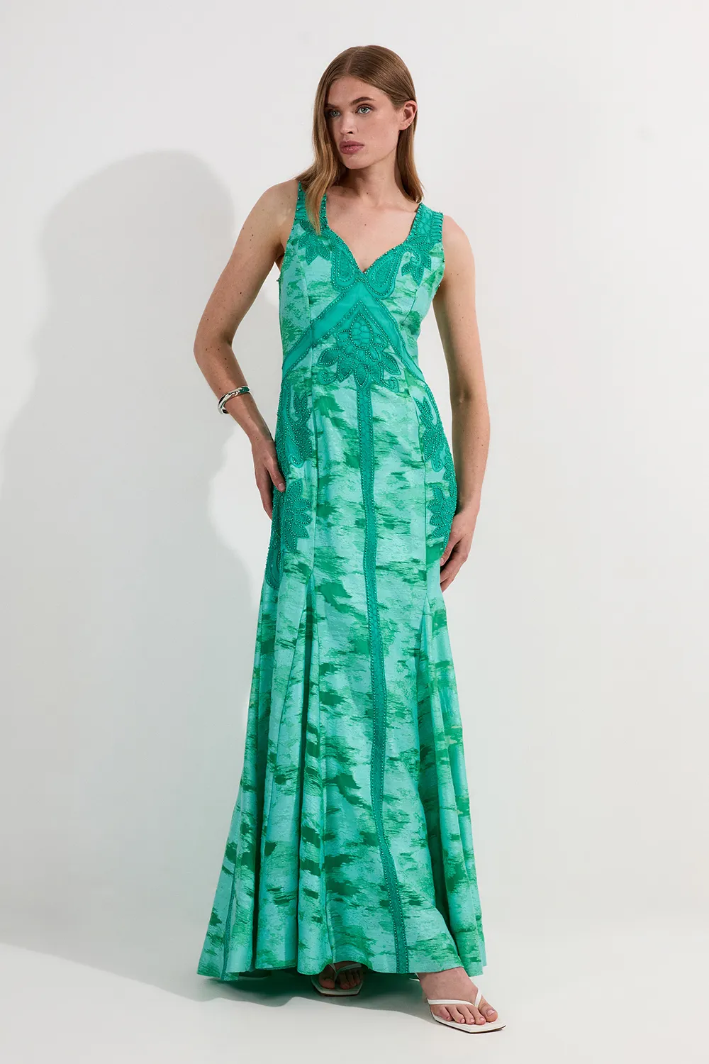 Petite Burnout Tropical Embellished Deep V Woven Maxi Dress BKK24968
