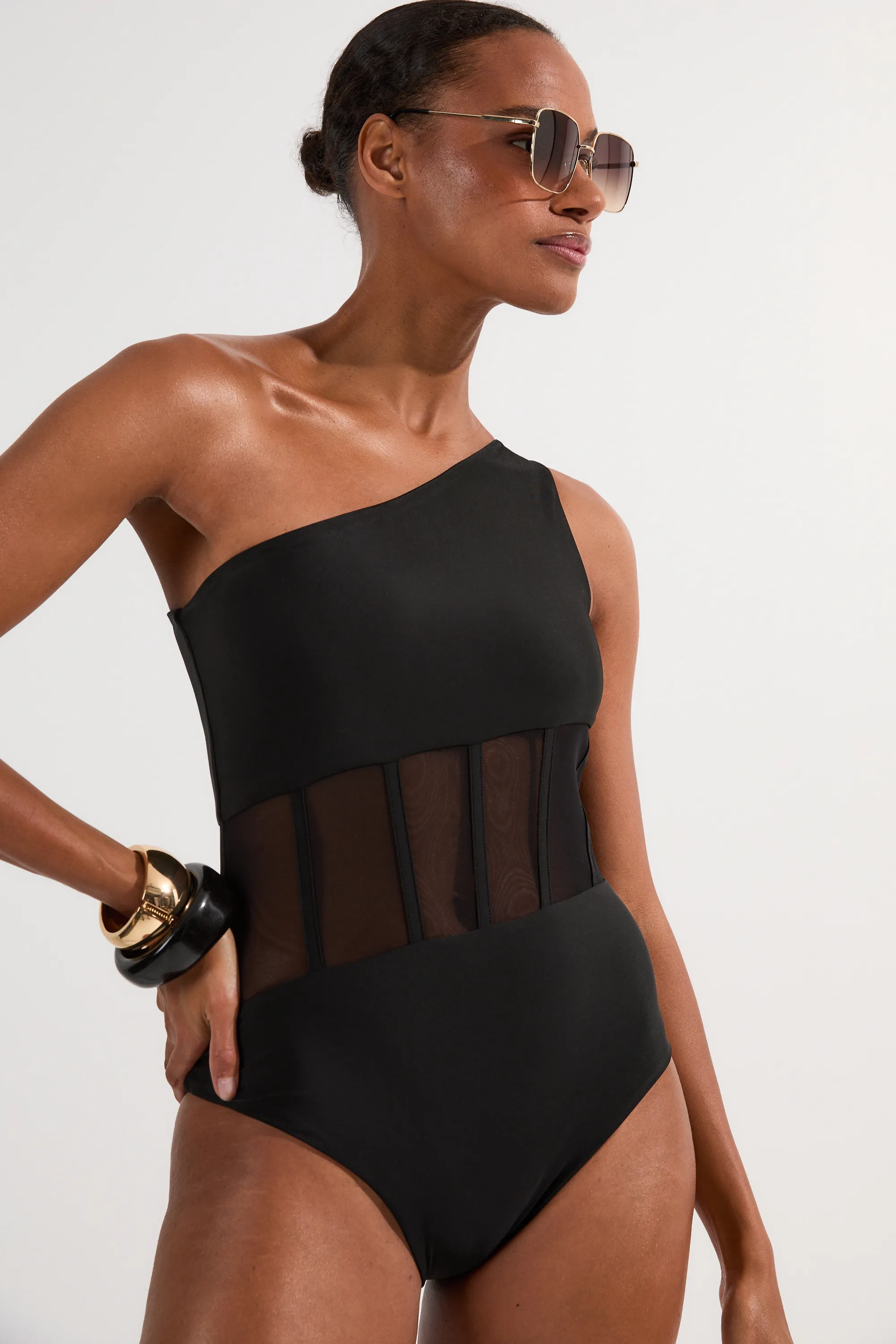 One Shoulder Ribbed Mesh Detail Swimsuit BKK25035