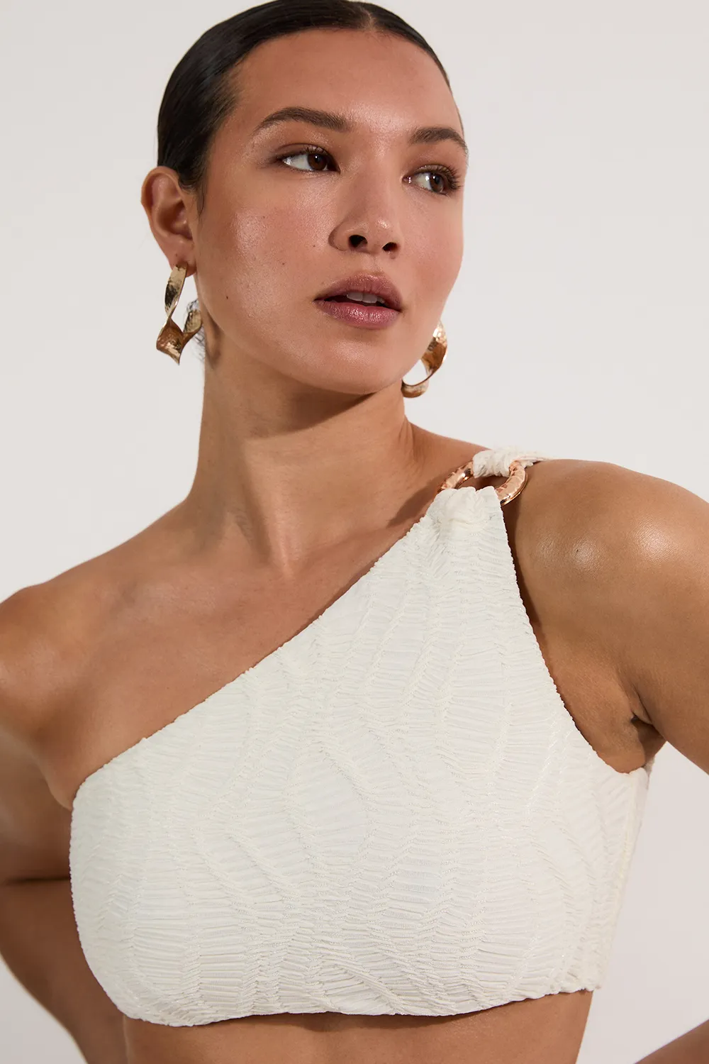 Textured One Shoulder Cut Out Bikini Top BKK25049