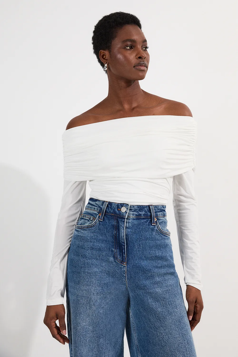 Drapey Slinky Jersey Off The Shoulder Long Sleeve Bodysuit BKK25065