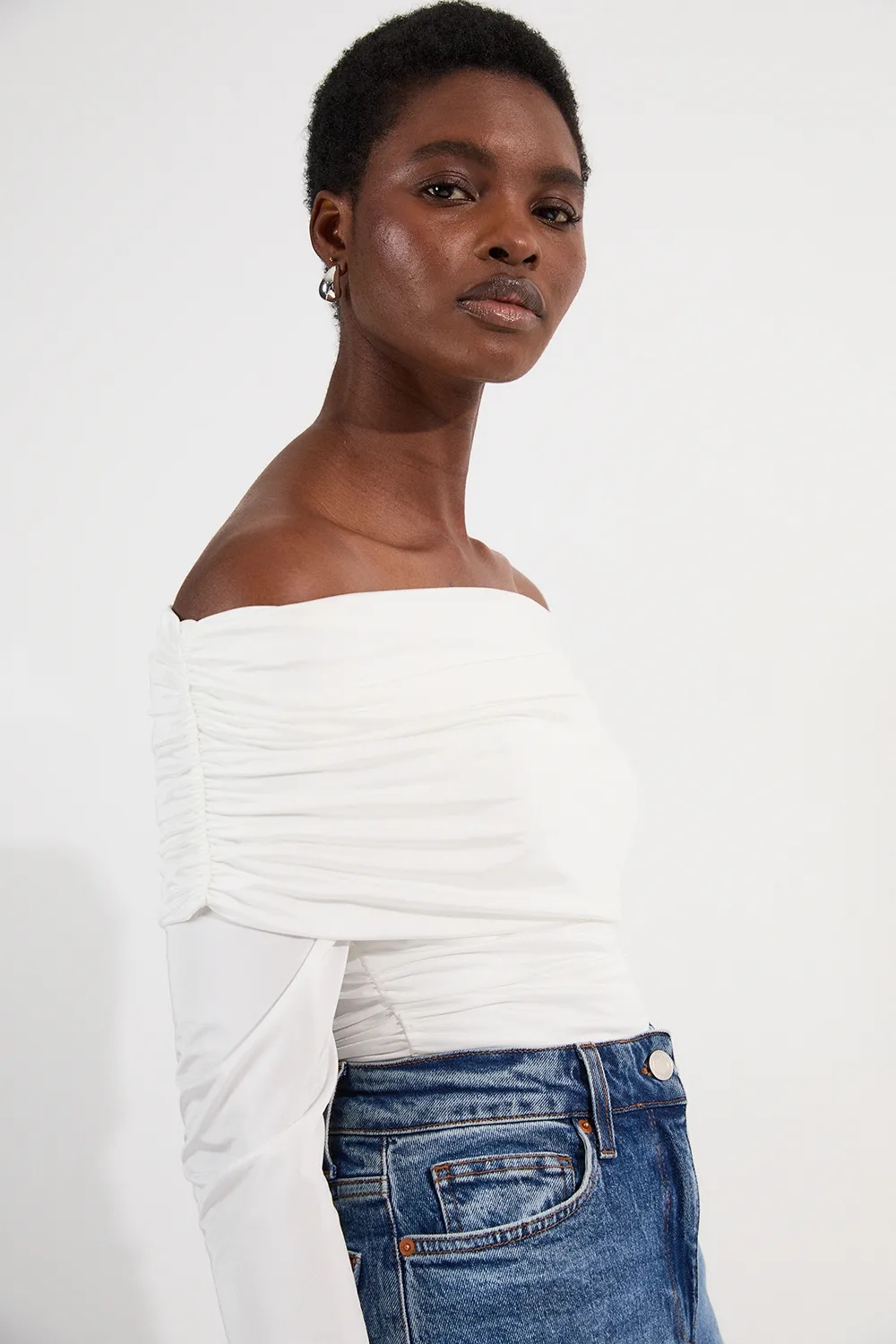 Drapey Slinky Jersey Off The Shoulder Long Sleeve Bodysuit BKK25065