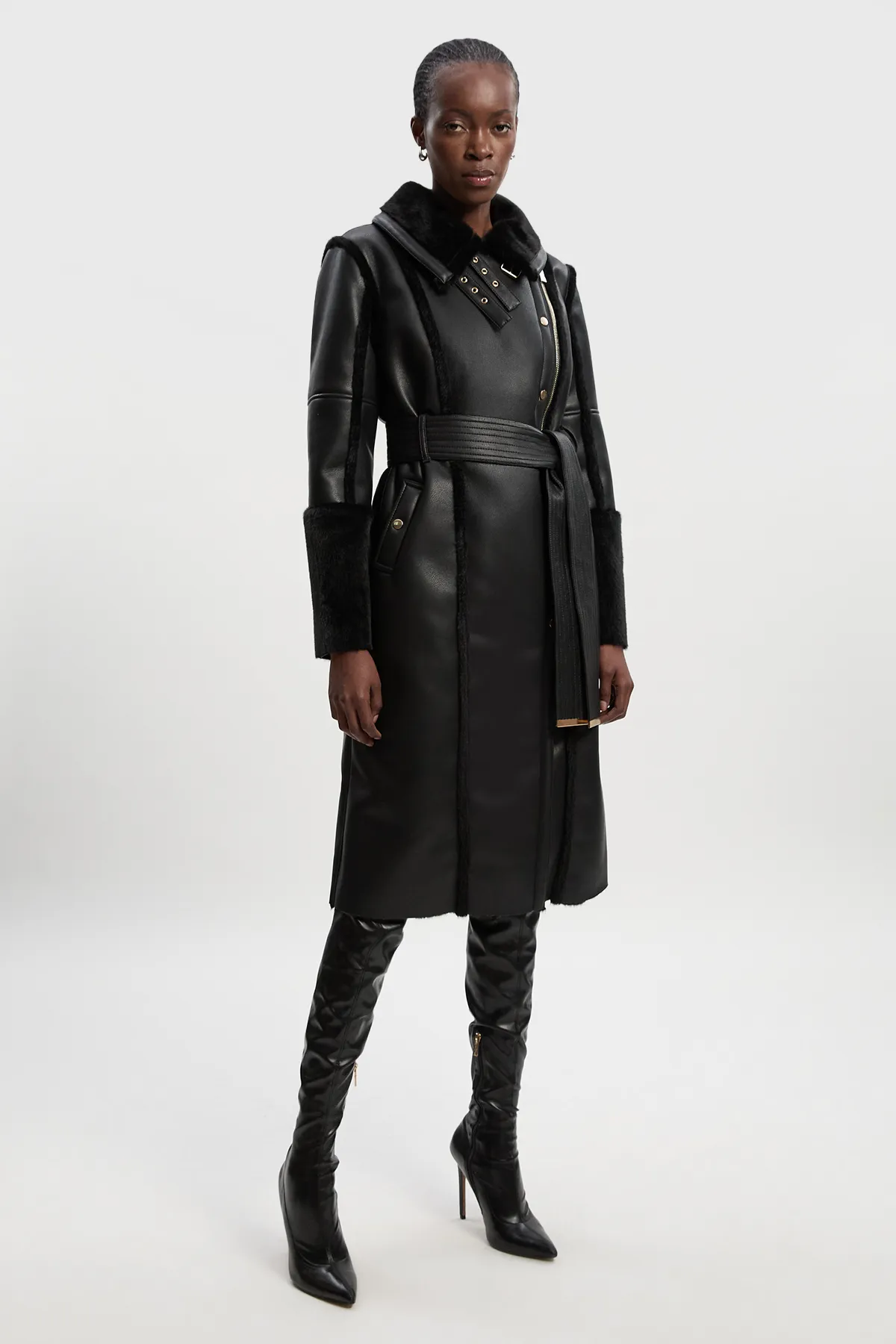 Faux Fur Buckle Detail Belted Biker Midi Coat BKK25096