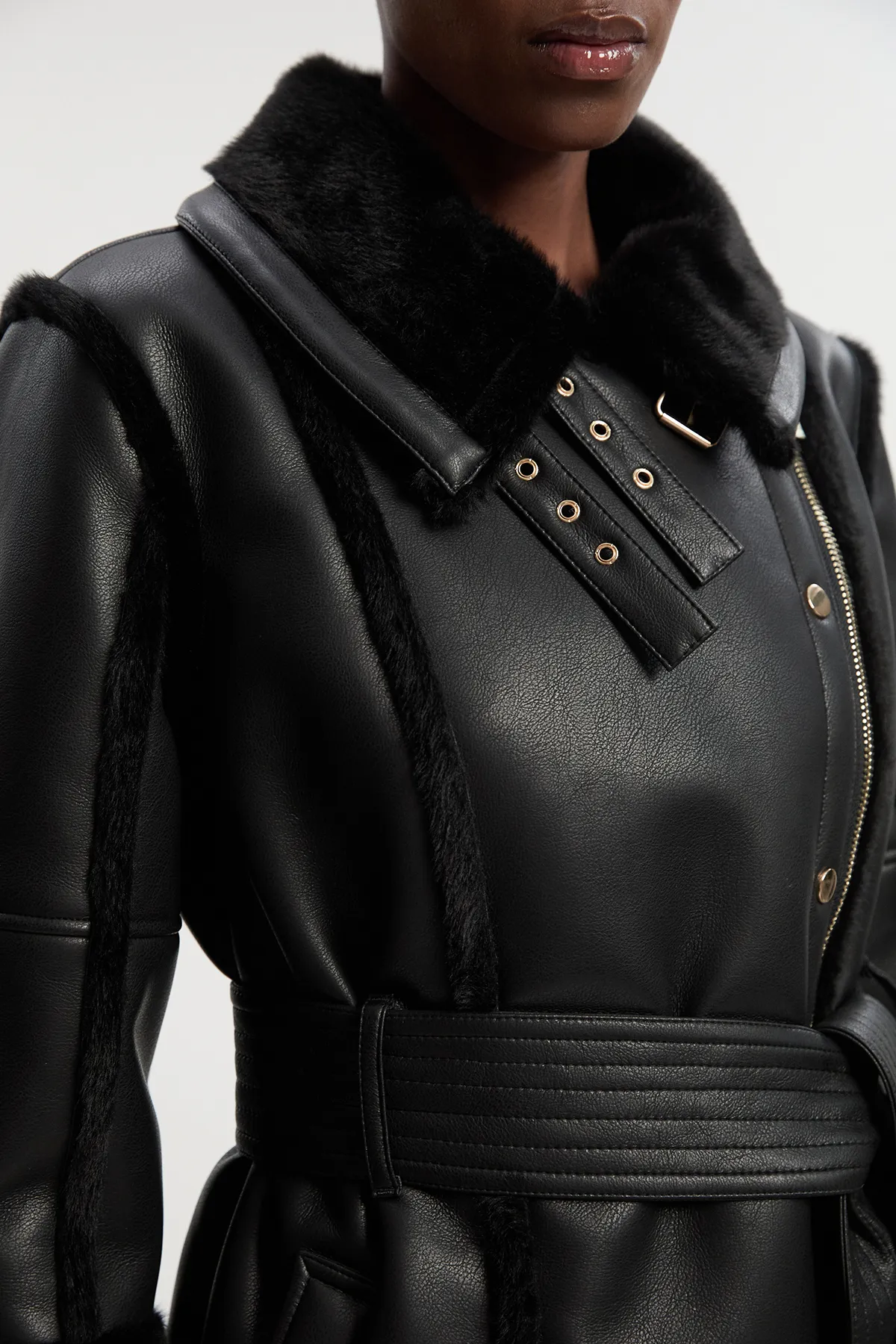 Faux Fur Buckle Detail Belted Biker Midi Coat BKK25096