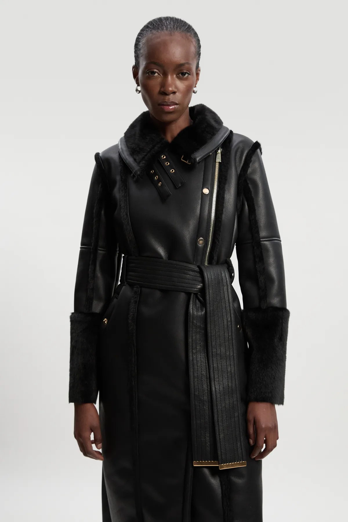 Faux Fur Buckle Detail Belted Biker Midi Coat BKK25096 3 Faux Fur Buckle Detail Belted Biker Midi Coat BKK25096