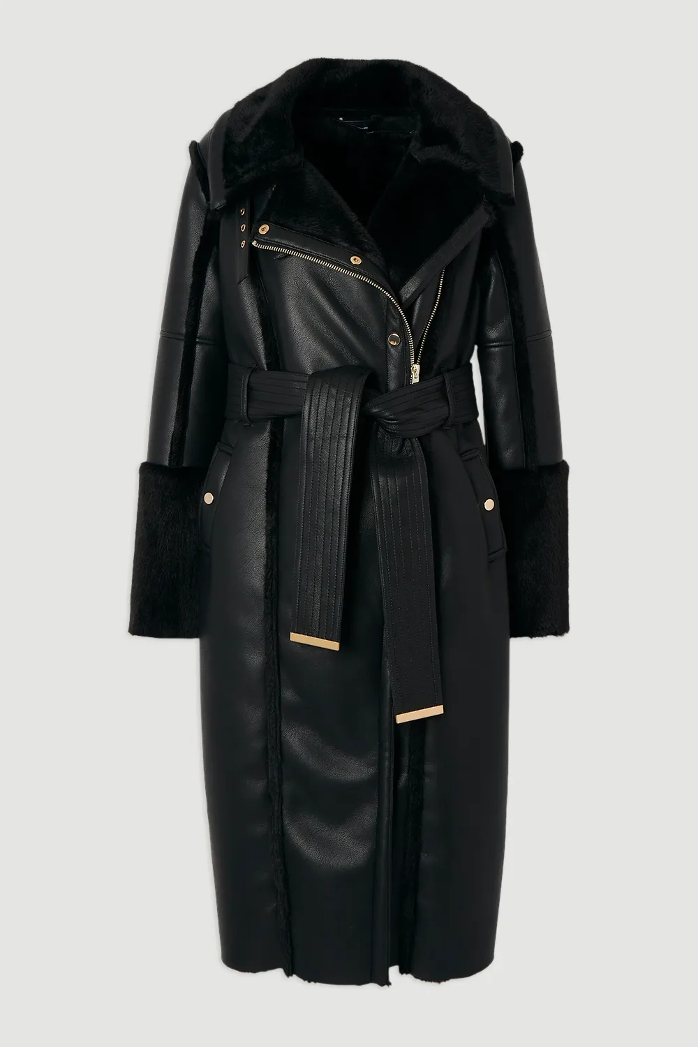 Faux Fur Buckle Detail Belted Biker Midi Coat BKK25096 4 Faux Fur Buckle Detail Belted Biker Midi Coat BKK25096