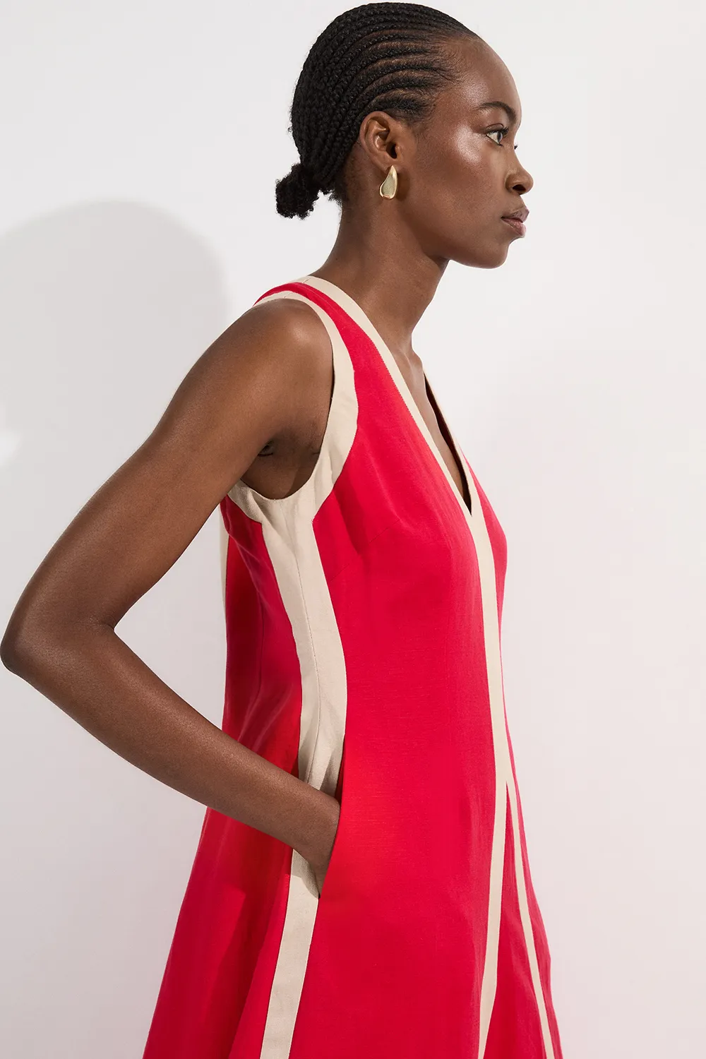 Contrast Linen Plunge Neck Woven Maxi Dress BKK25105