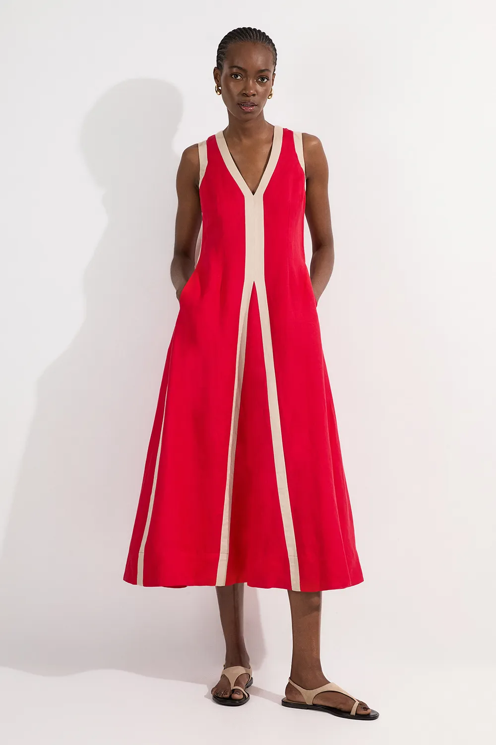 Contrast Linen Plunge Neck Woven Maxi Dress BKK25105 3 Contrast Linen Plunge Neck Woven Maxi Dress BKK25105