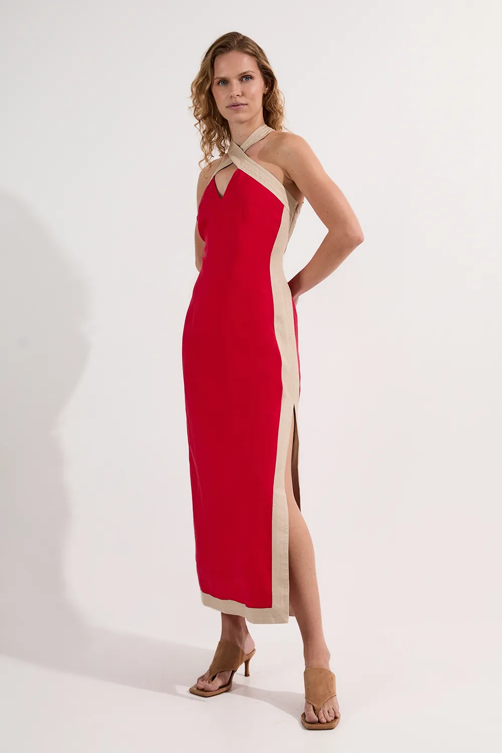 Linen Viscose Colour Block Halter Neck Woven Maxi Dress BKK25106