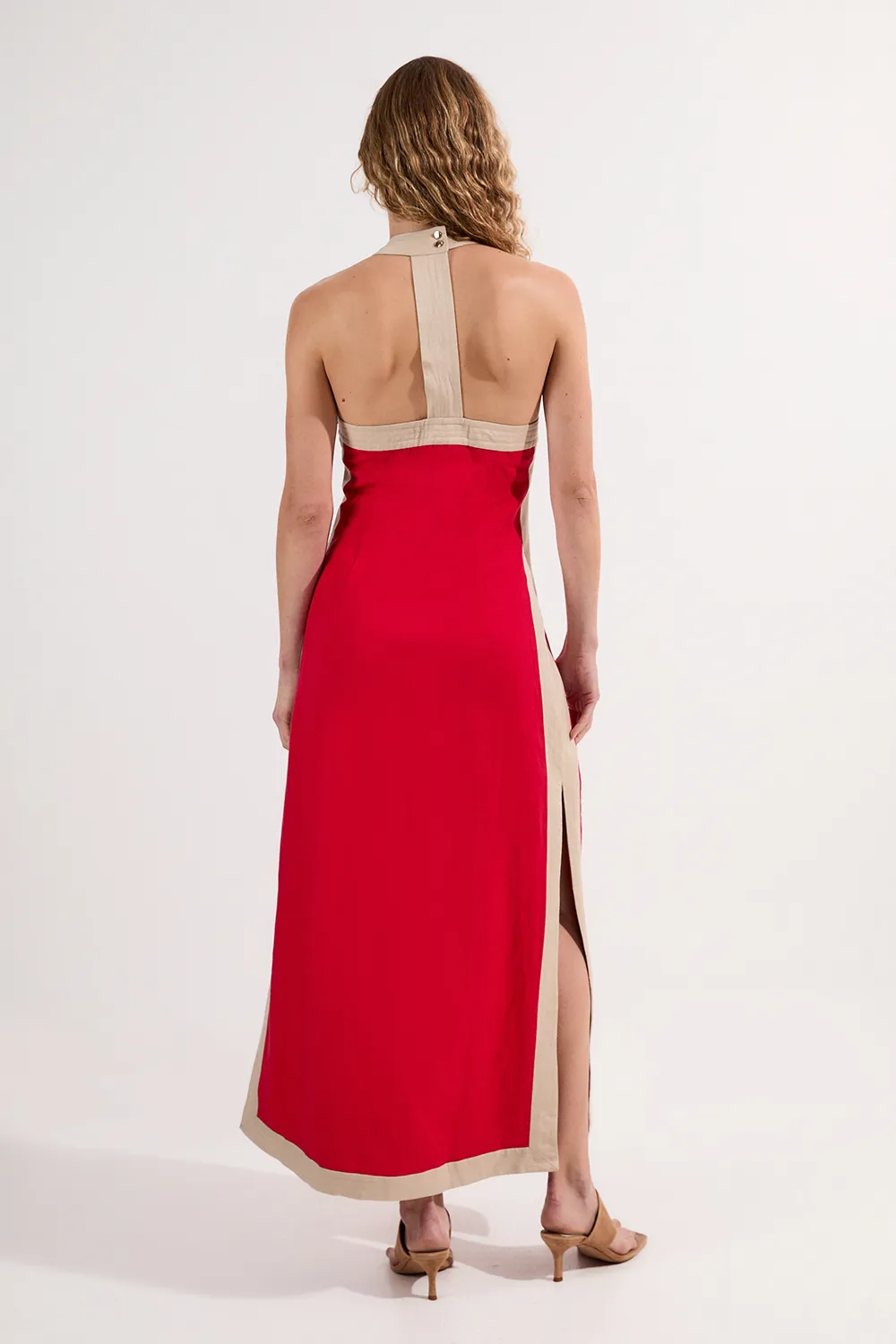 Linen Viscose Colour Block Halter Neck Woven Maxi Dress BKK25106 5 Linen Viscose Colour Block Halter Neck Woven Maxi Dress BKK25106