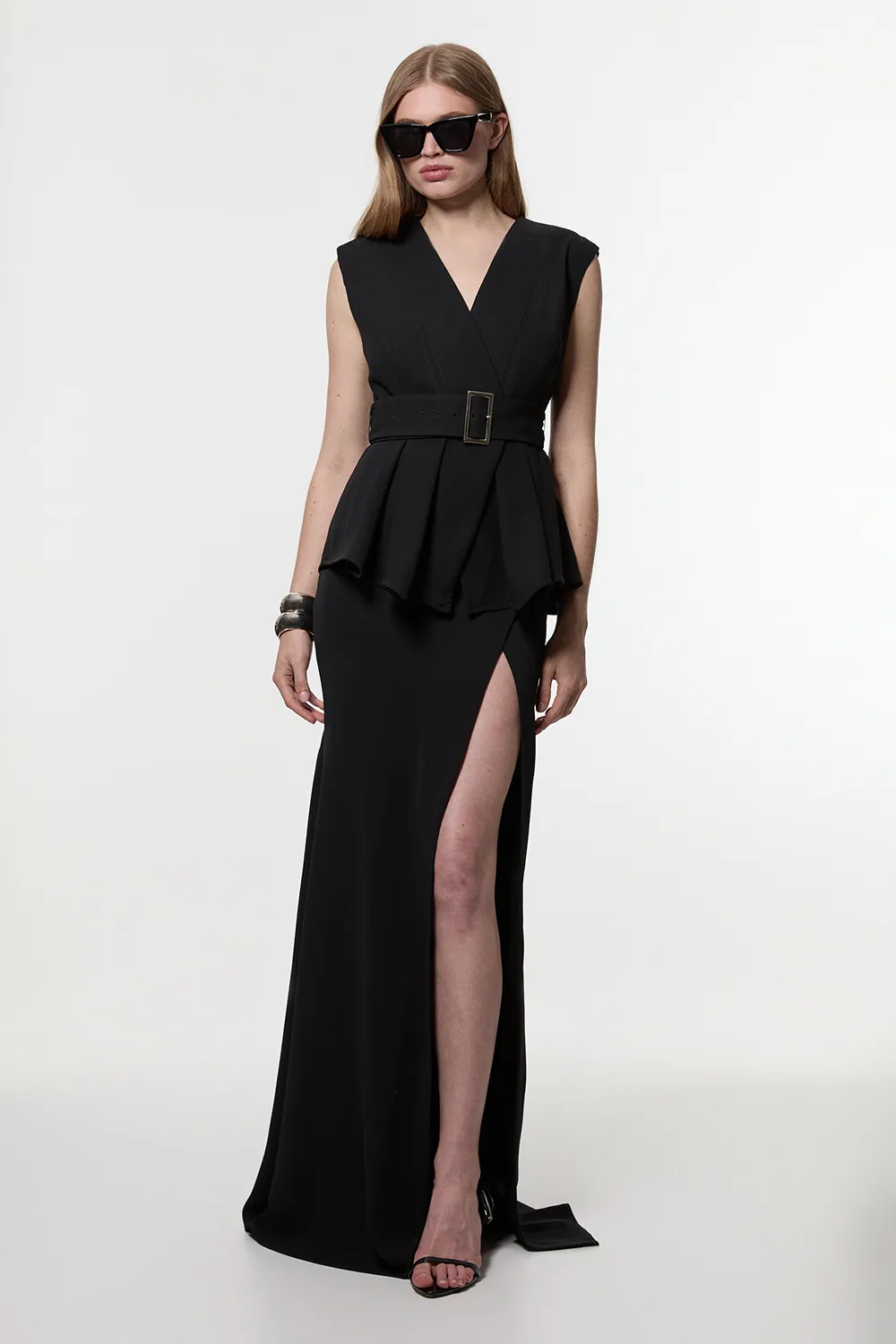 Soft Tailored Belted Peplum Tailored Maxi Dress BKK25120
