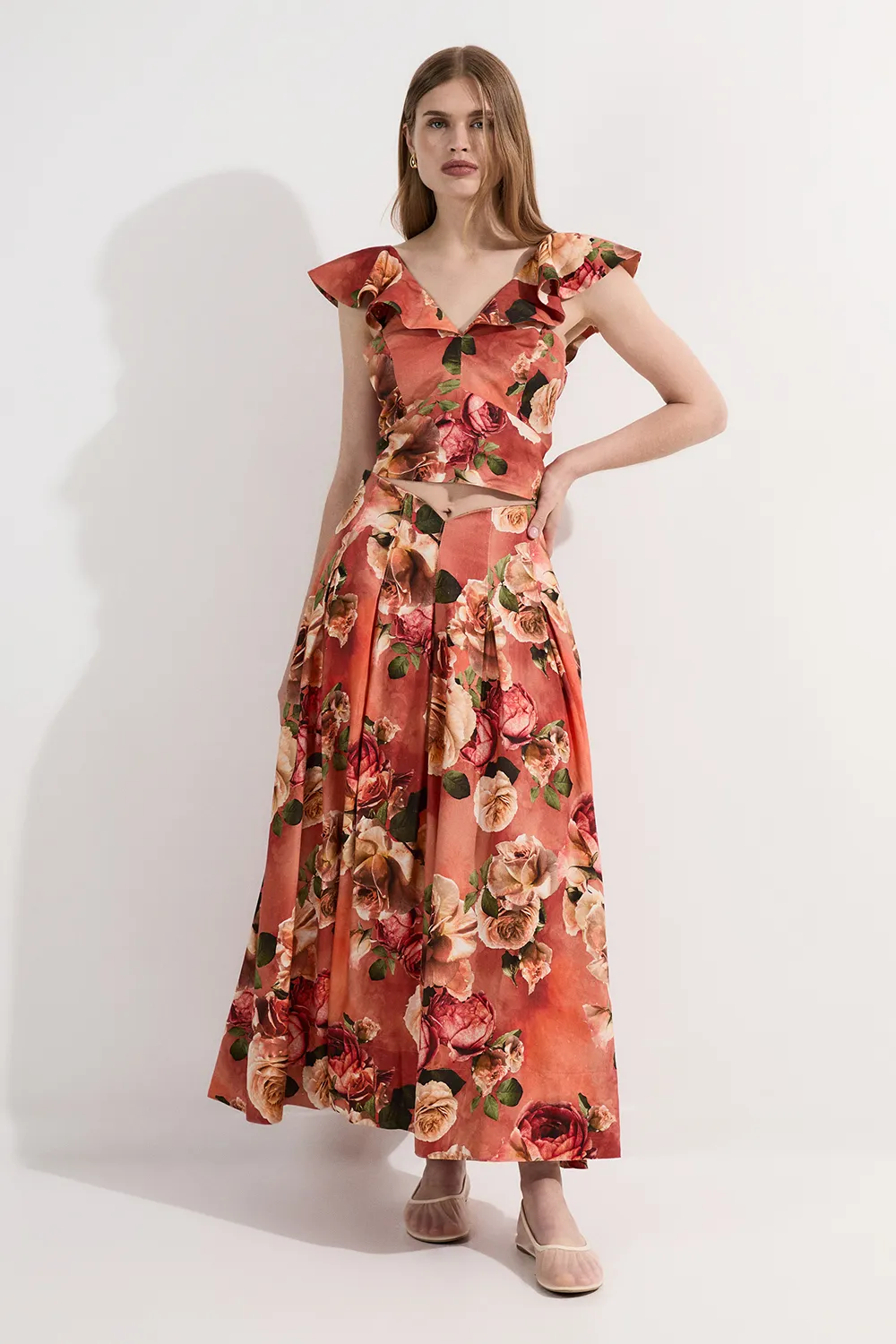 Floral Viscose Linen High Waisted Woven Maxi Skirt BKK25133