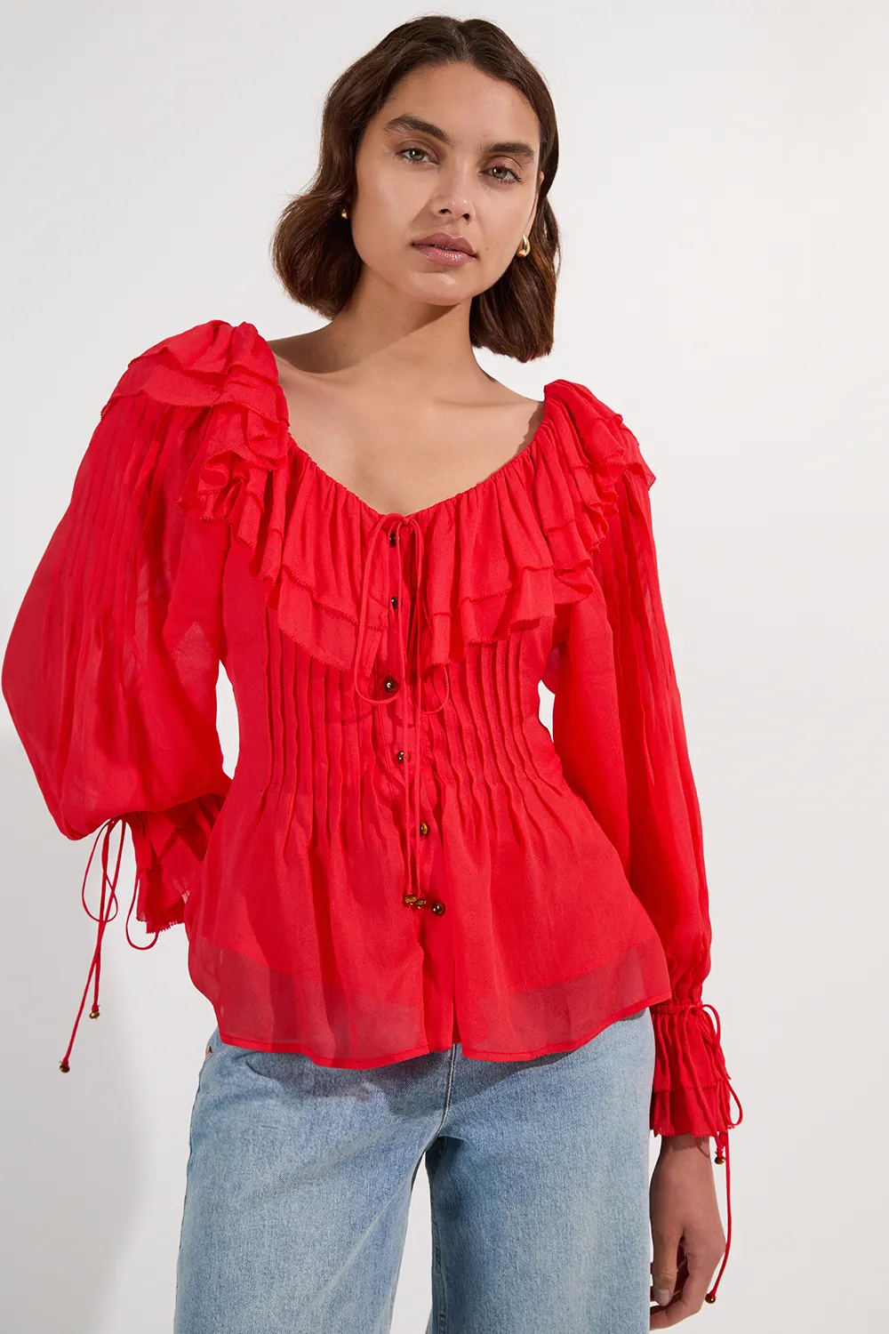 Crinkle Viscose Georgette Pin Tuck Detail Ruffle Woven Blouse BKK25160