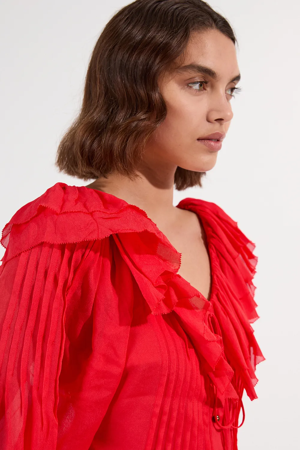 Crinkle Viscose Georgette Pin Tuck Detail Ruffle Woven Blouse BKK25160