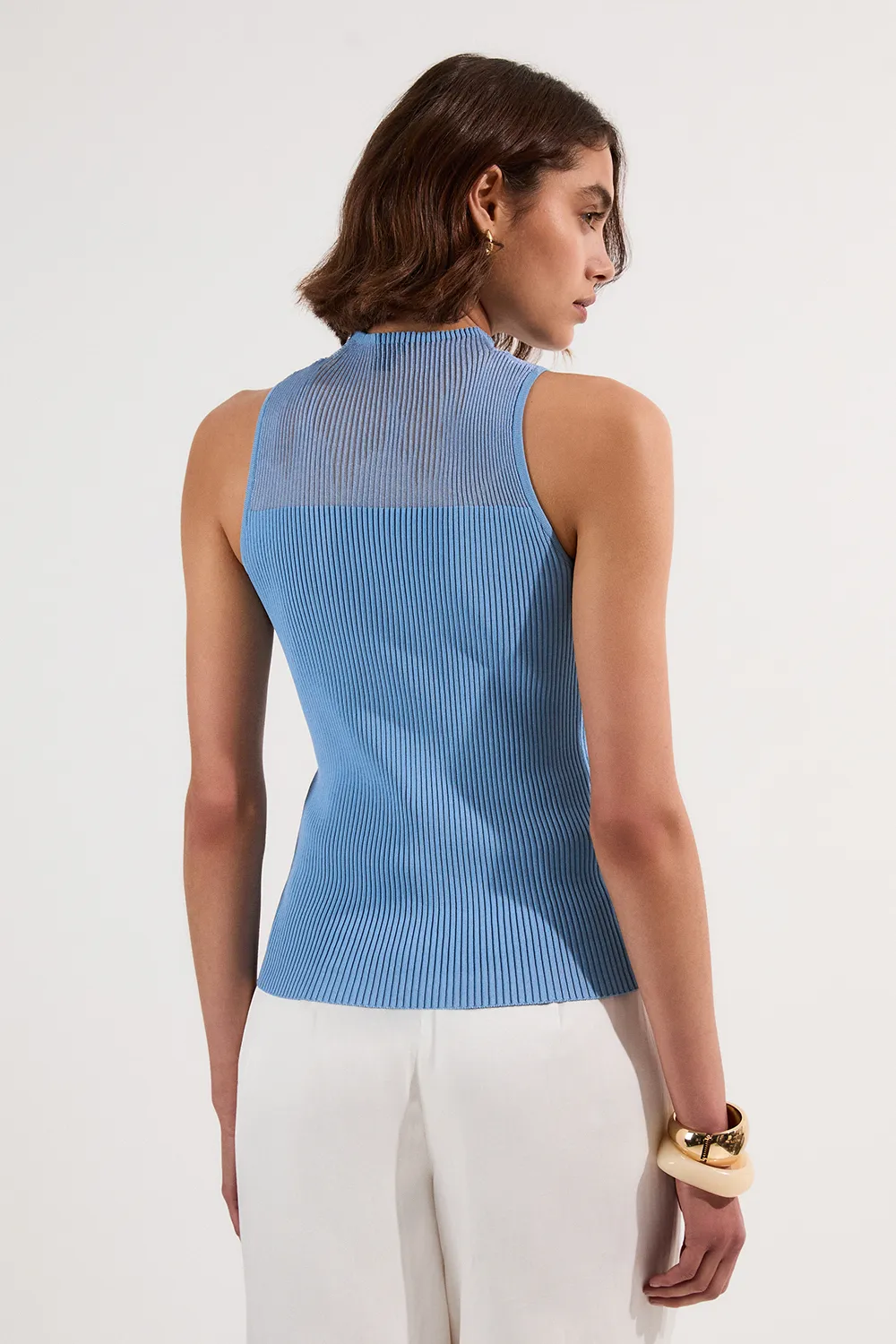 Sheer Neck Knitted Sleeveless Top BKK25233