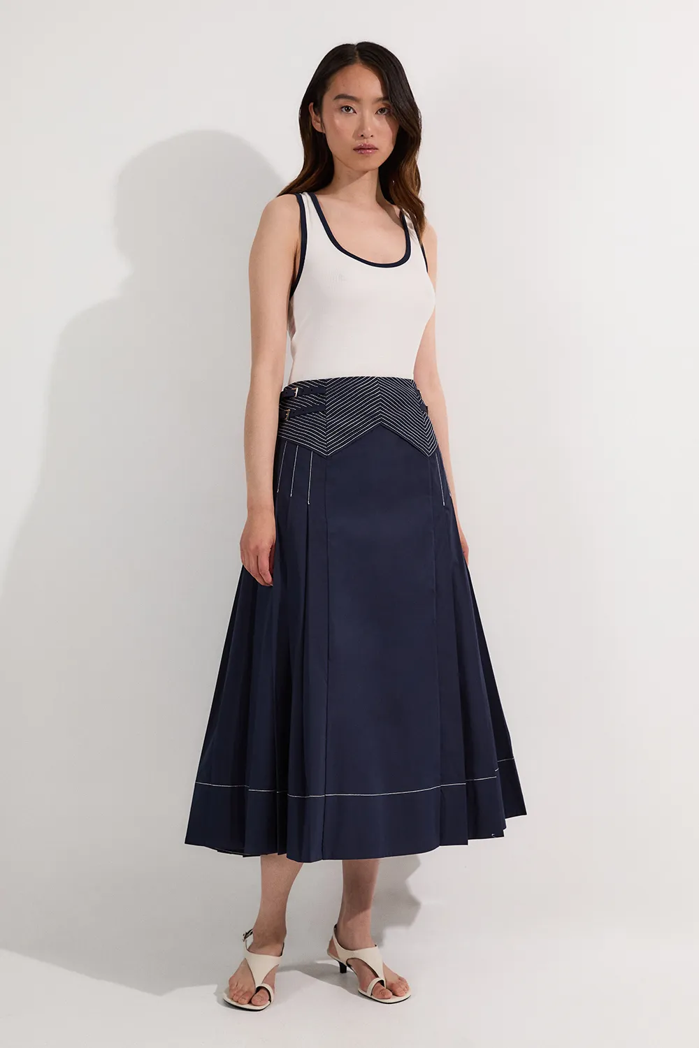 Cotton Poplin Top Stitch Detail Woven Pleat Skirt BKK25284