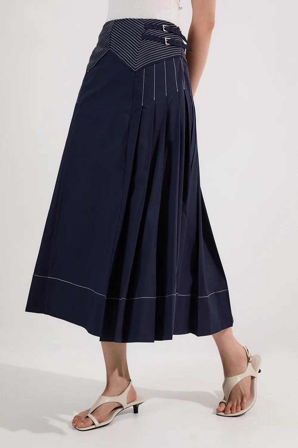 Cotton Poplin Top Stitch Detail Woven Pleat Skirt BKK25284