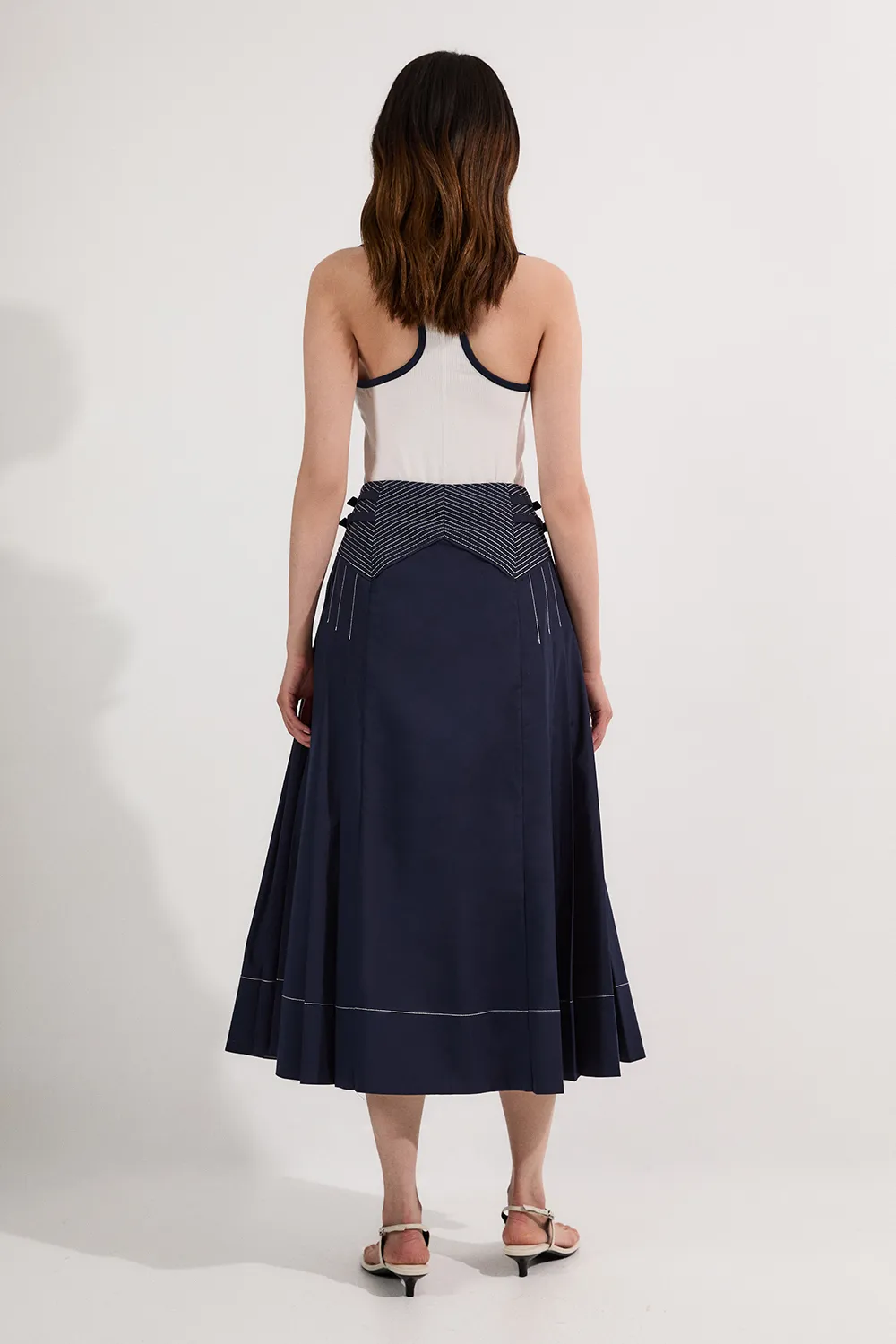 Cotton Poplin Top Stitch Detail Woven Pleat Skirt BKK25284