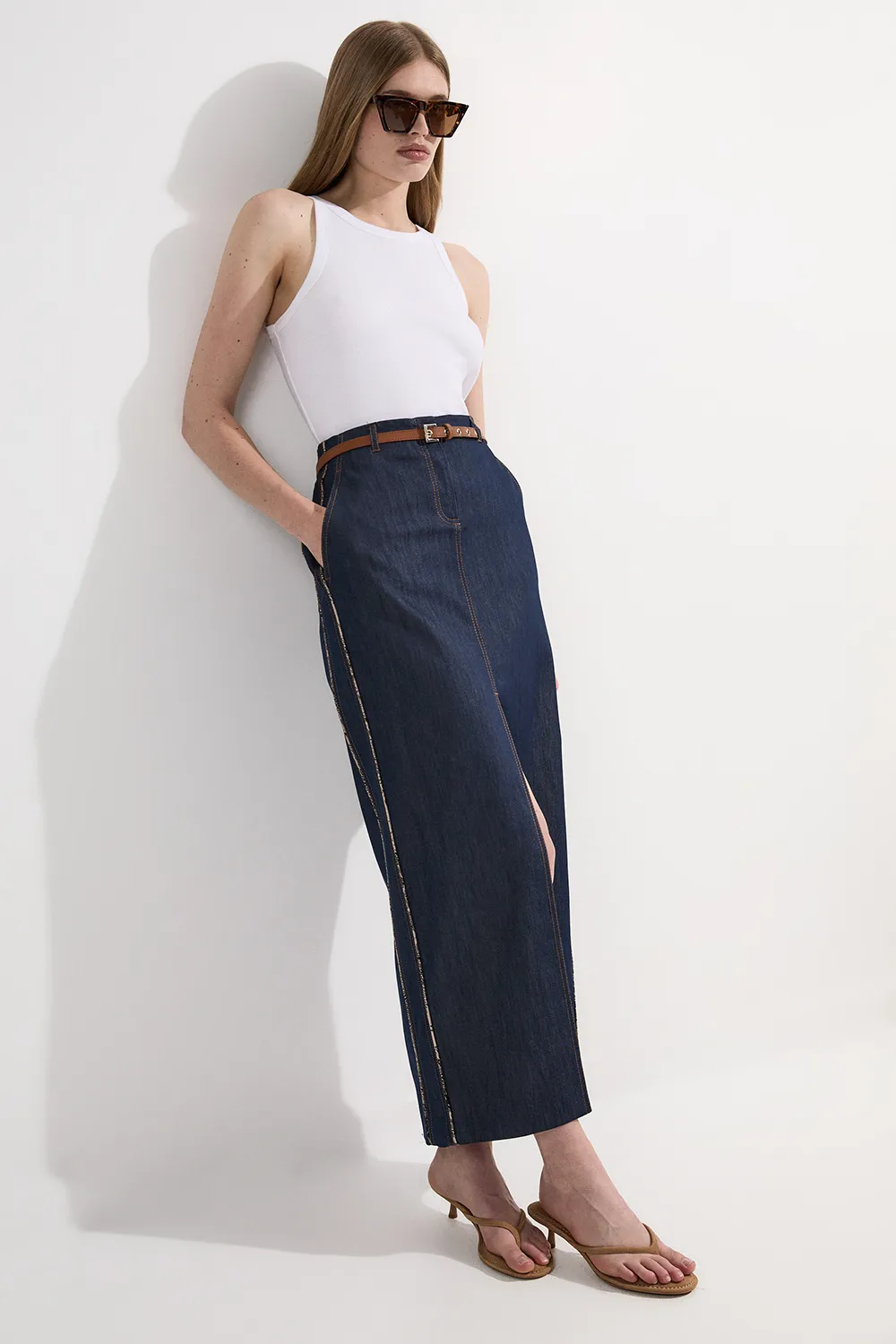Archive Collection - Tailored Denim Belted Pocket Detail Maxi Skirt BKK25291