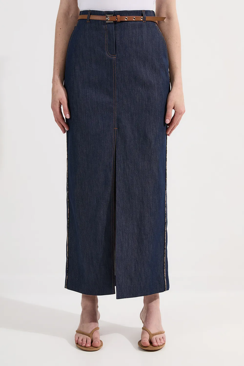 Archive Collection - Tailored Denim Belted Pocket Detail Maxi Skirt BKK25291