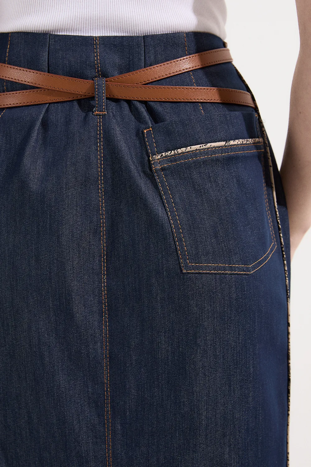 Archive Collection - Tailored Denim Belted Pocket Detail Maxi Skirt BKK25291