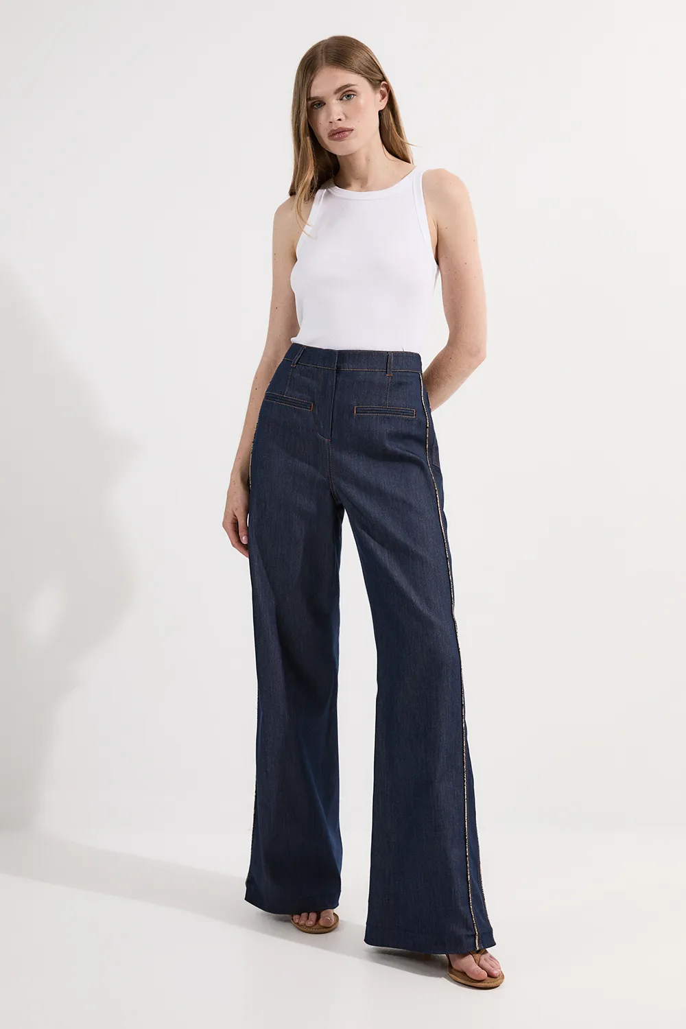 Archive Collection - Tailored Denim Belted Pocket Detail Wide Leg Pants BKK25292