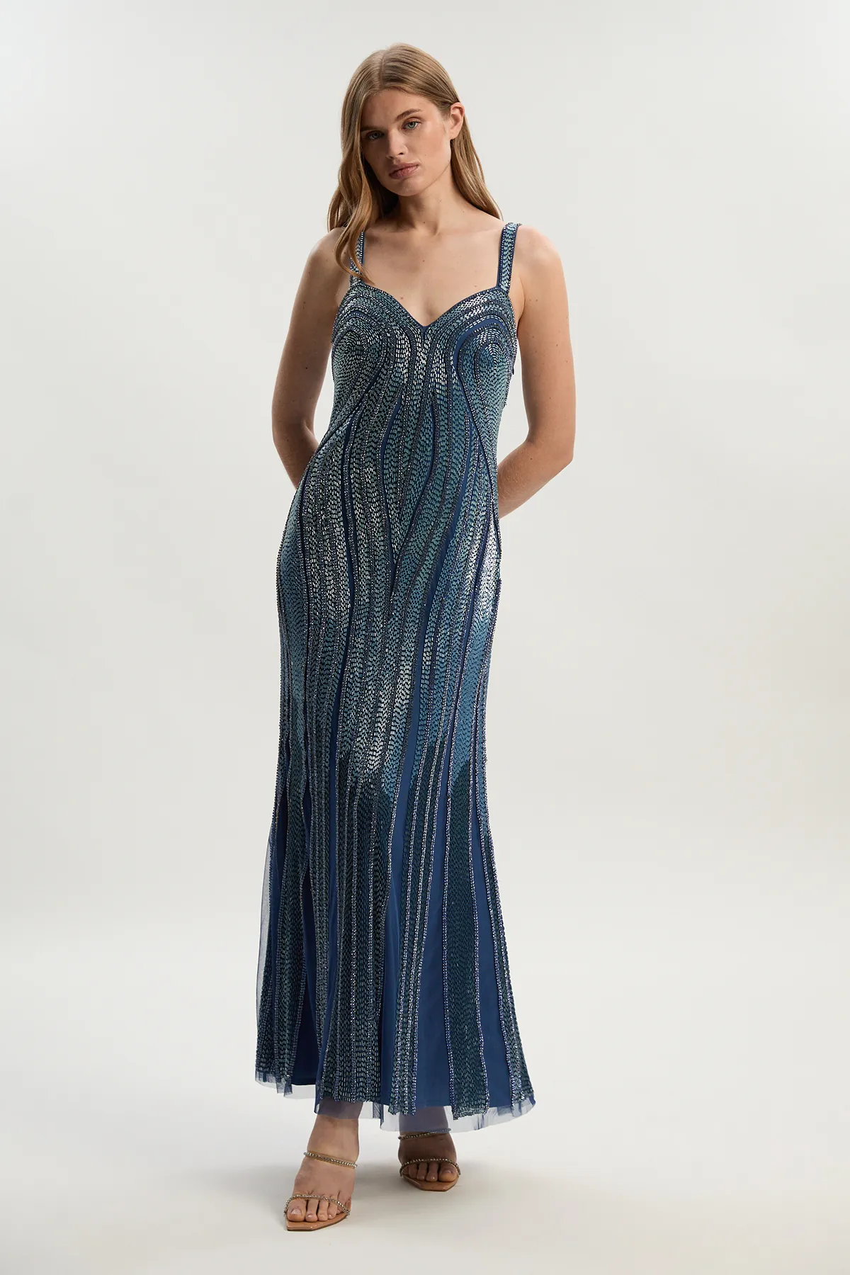 Beaded Contour Sweet Heart Neckline Woven Maxi Dress BKK25321