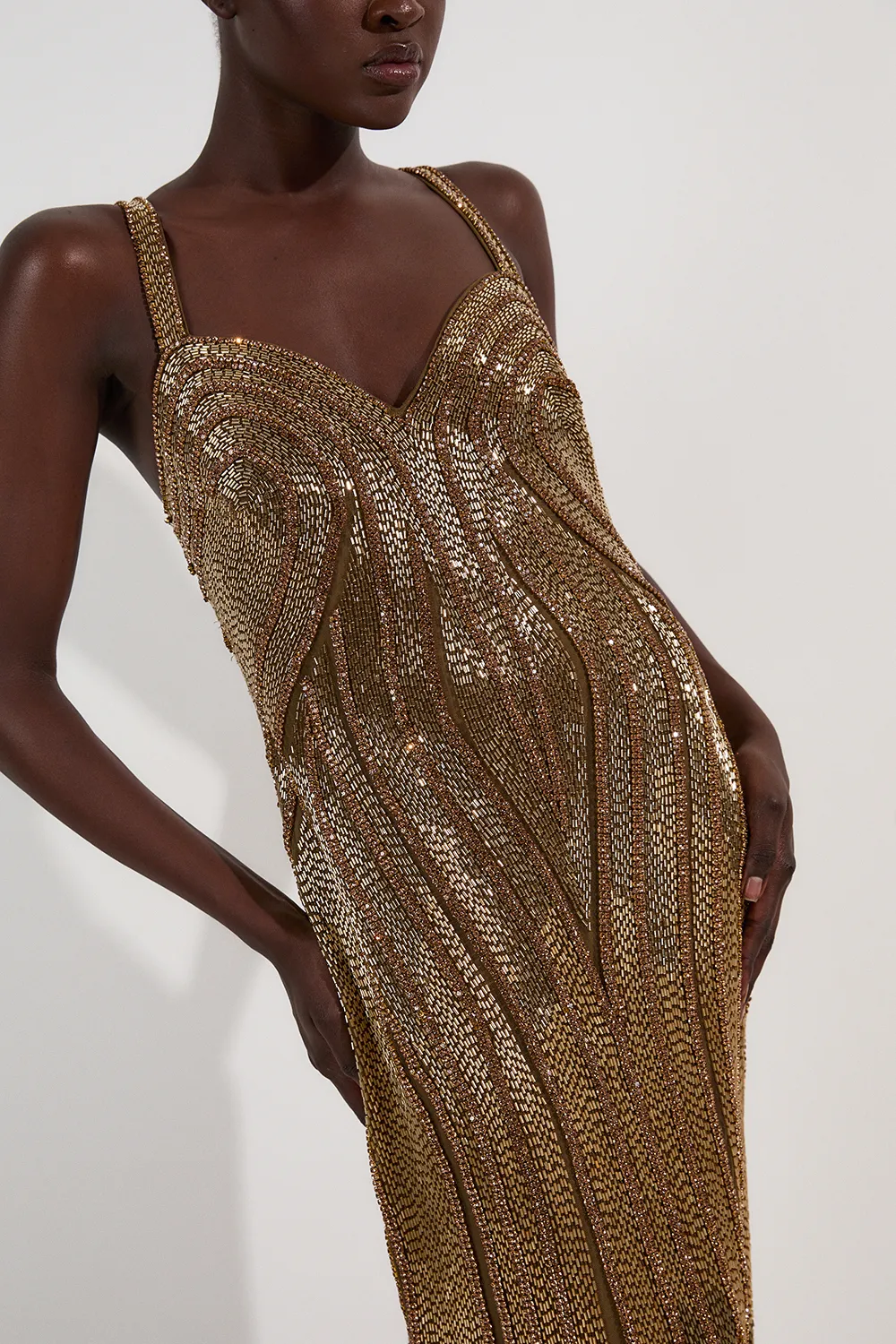 Petite Beaded Contour Sweet Heart Neckline Woven Maxi Dress BKK25320