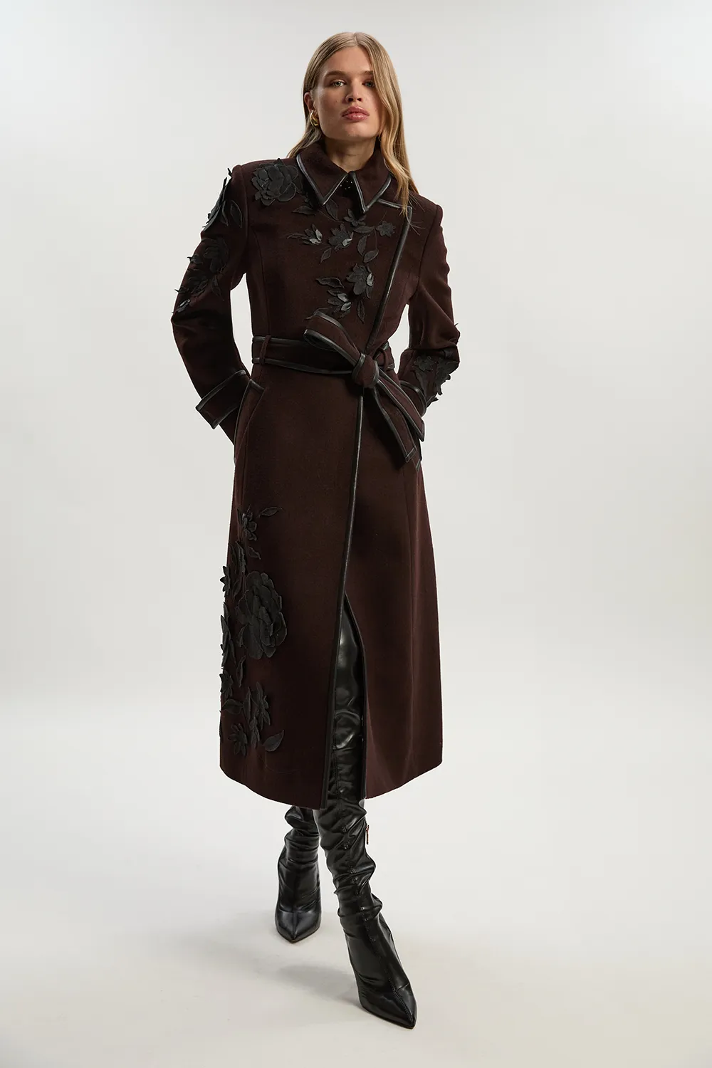 Brushed Wool Pu Mix Placed Floral Embroidery Applique Tailored Midi Coat BKK25354