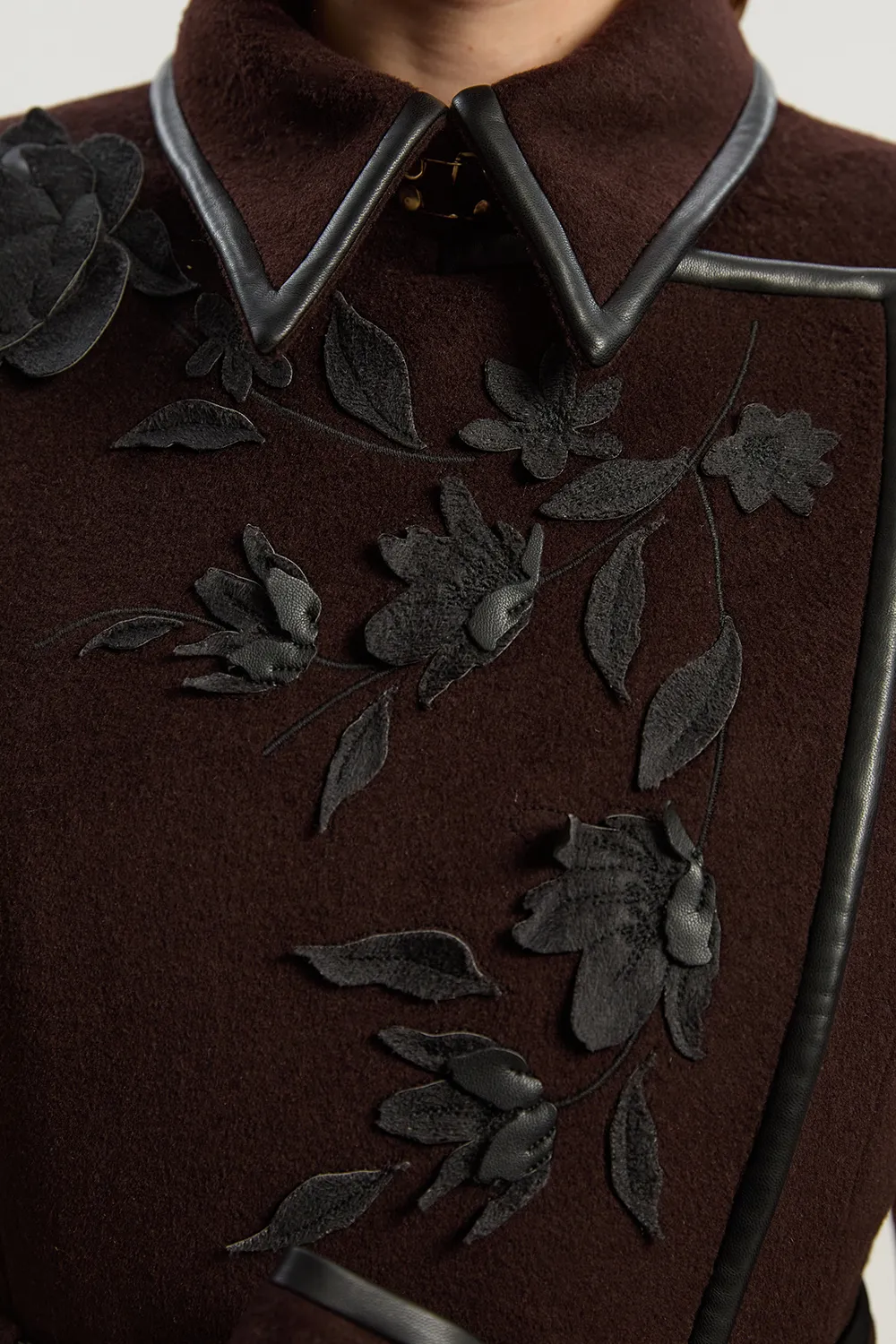 Brushed Wool Pu Mix Placed Floral Embroidery Applique Tailored Midi Coat BKK25354