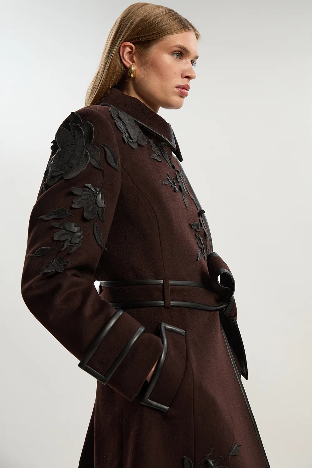 Brushed Wool Pu Mix Placed Floral Embroidery Applique Tailored Midi Coat BKK25354 3 Brushed Wool Pu Mix Placed Floral Embroidery Applique Tailored Midi Coat BKK25354