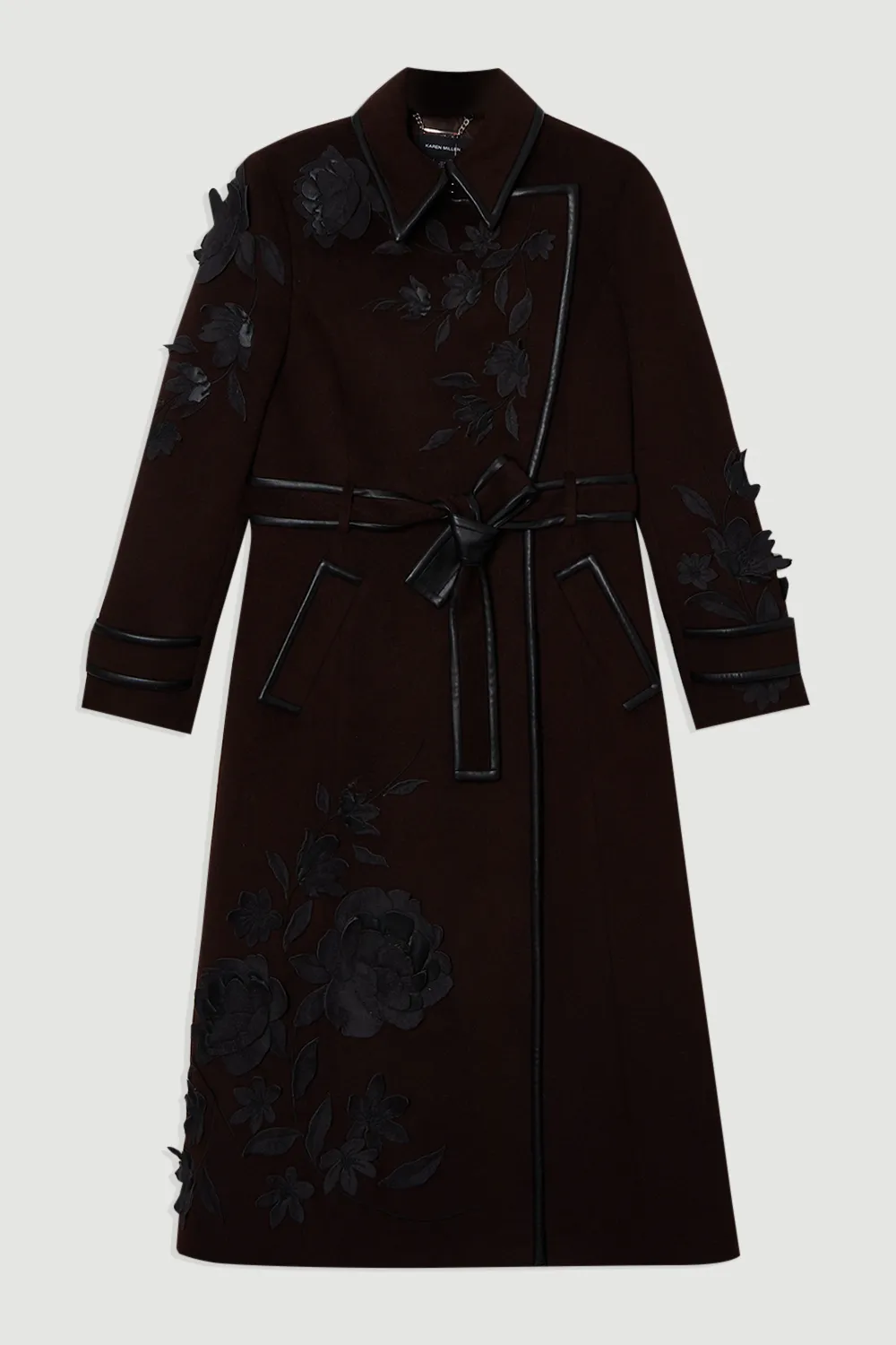 Brushed Wool Pu Mix Placed Floral Embroidery Applique Tailored Midi Coat BKK25354 4 Brushed Wool Pu Mix Placed Floral Embroidery Applique Tailored Midi Coat BKK25354