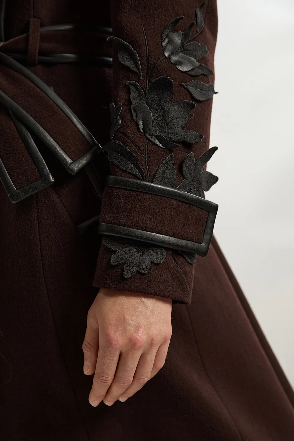 Brushed Wool Pu Mix Placed Floral Embroidery Applique Tailored Midi Coat BKK25354 5 Brushed Wool Pu Mix Placed Floral Embroidery Applique Tailored Midi Coat BKK25354