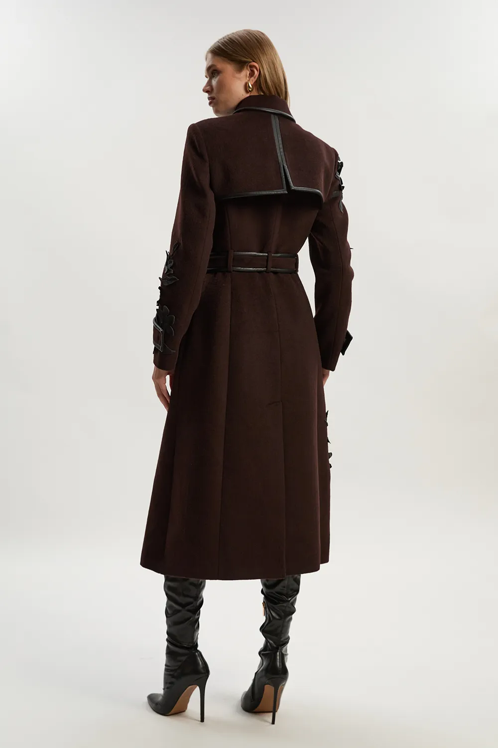 Brushed Wool Pu Mix Placed Floral Embroidery Applique Tailored Midi Coat BKK25354 6 Brushed Wool Pu Mix Placed Floral Embroidery Applique Tailored Midi Coat BKK25354