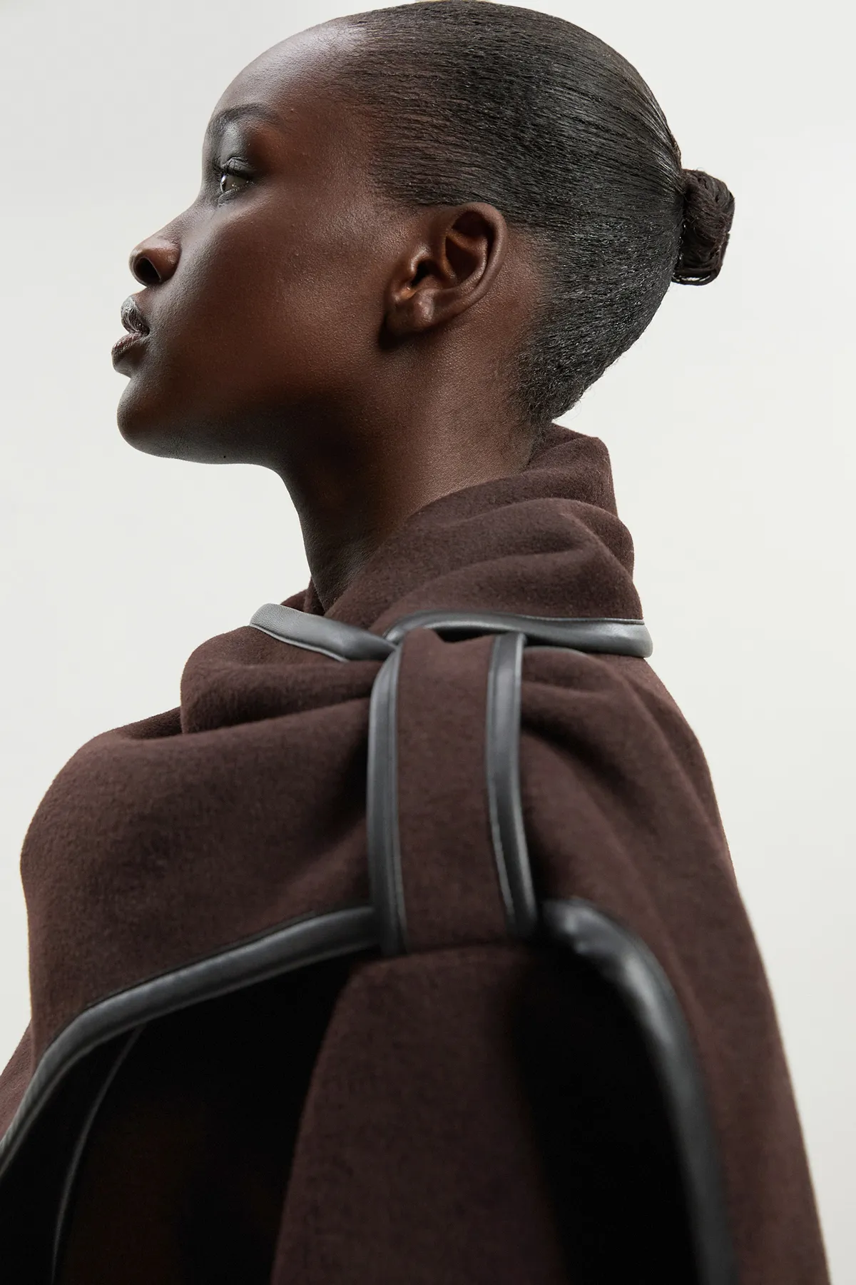 Brushed Wool Pu Mix Scarf Neck Belted Tailored Maxi Coat BKK25355