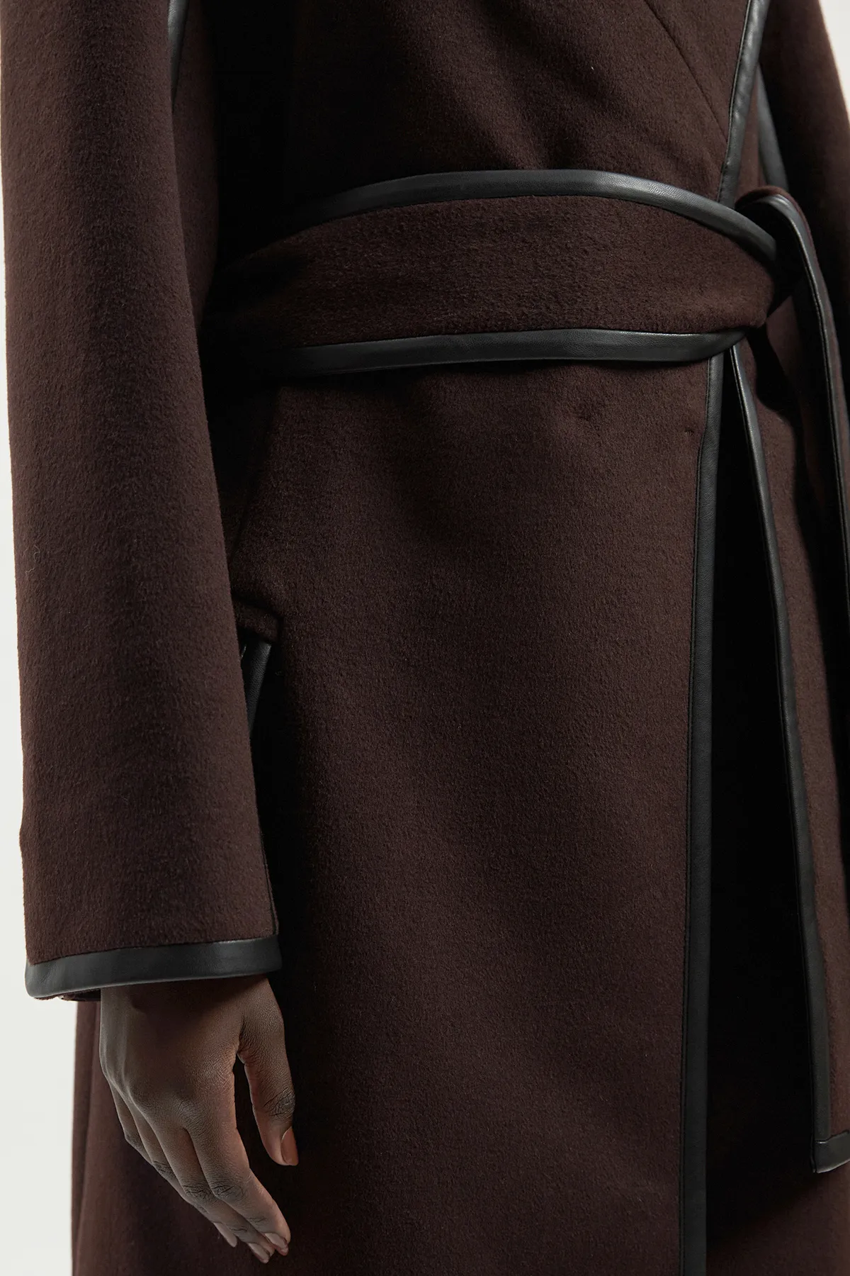 Brushed Wool Pu Mix Scarf Neck Belted Tailored Maxi Coat BKK25355 3 Brushed Wool Pu Mix Scarf Neck Belted Tailored Maxi Coat BKK25355