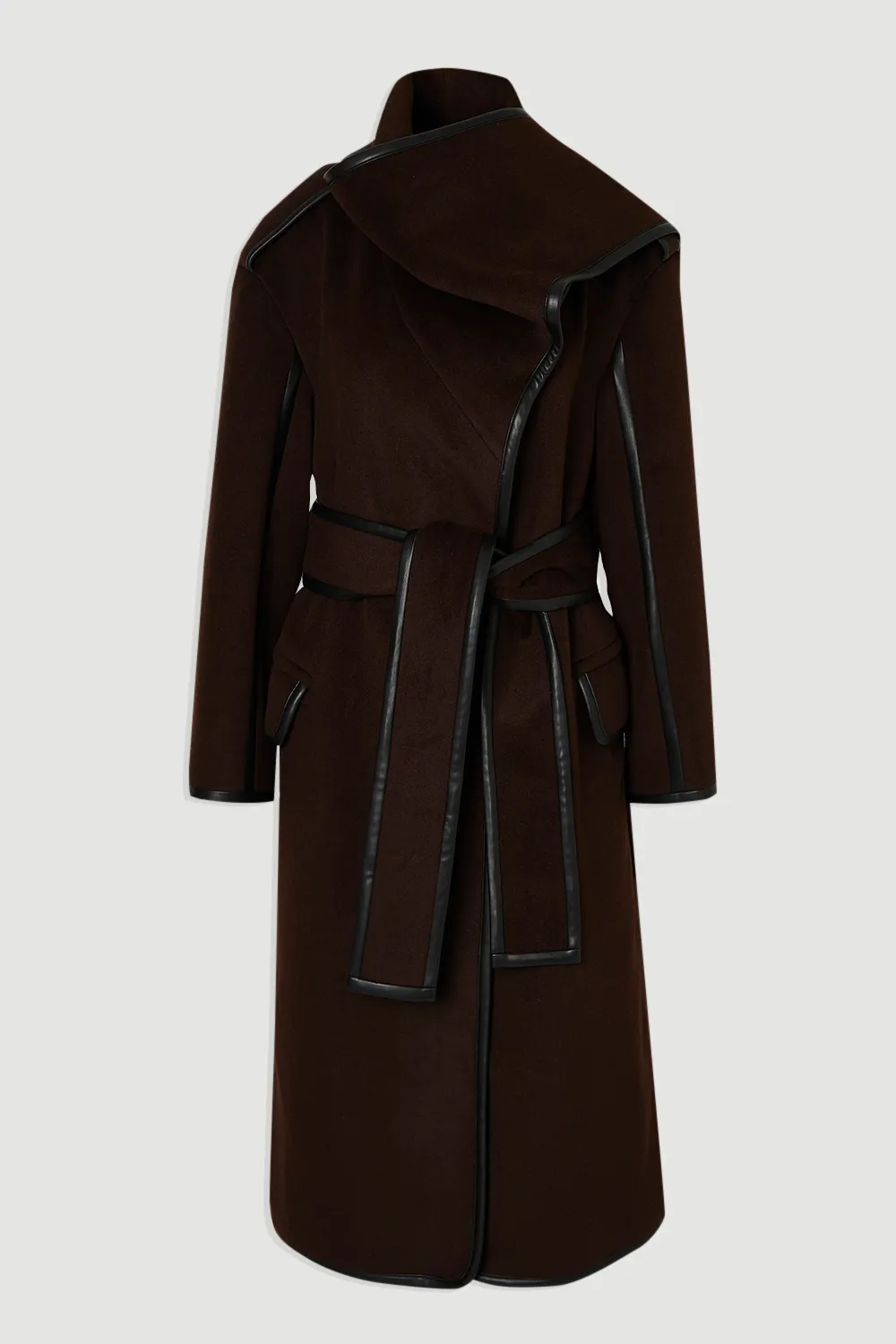 Brushed Wool Pu Mix Scarf Neck Belted Tailored Maxi Coat BKK25355 4 Brushed Wool Pu Mix Scarf Neck Belted Tailored Maxi Coat BKK25355