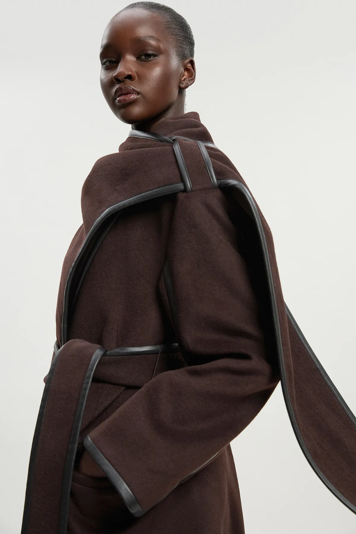 Brushed Wool Pu Mix Scarf Neck Belted Tailored Maxi Coat BKK25355 5 Brushed Wool Pu Mix Scarf Neck Belted Tailored Maxi Coat BKK25355