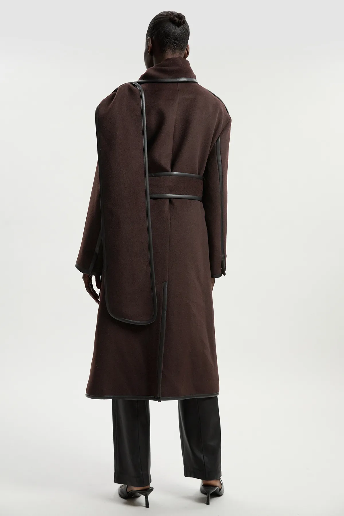 Brushed Wool Pu Mix Scarf Neck Belted Tailored Maxi Coat BKK25355 6 Brushed Wool Pu Mix Scarf Neck Belted Tailored Maxi Coat BKK25355