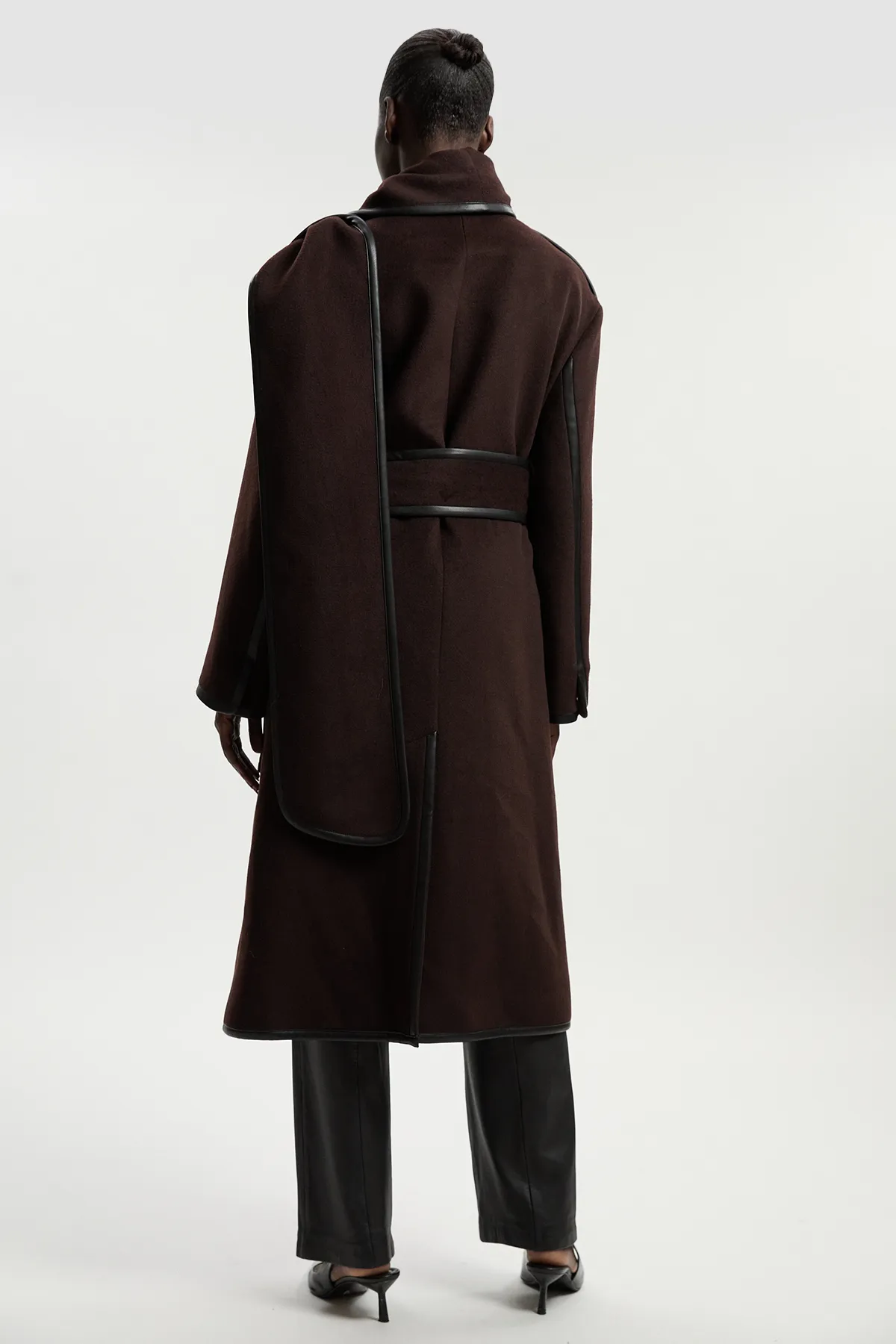 Brushed Wool Pu Mix Scarf Neck Belted Tailored Maxi Coat BKK25355 7 Brushed Wool Pu Mix Scarf Neck Belted Tailored Maxi Coat BKK25355