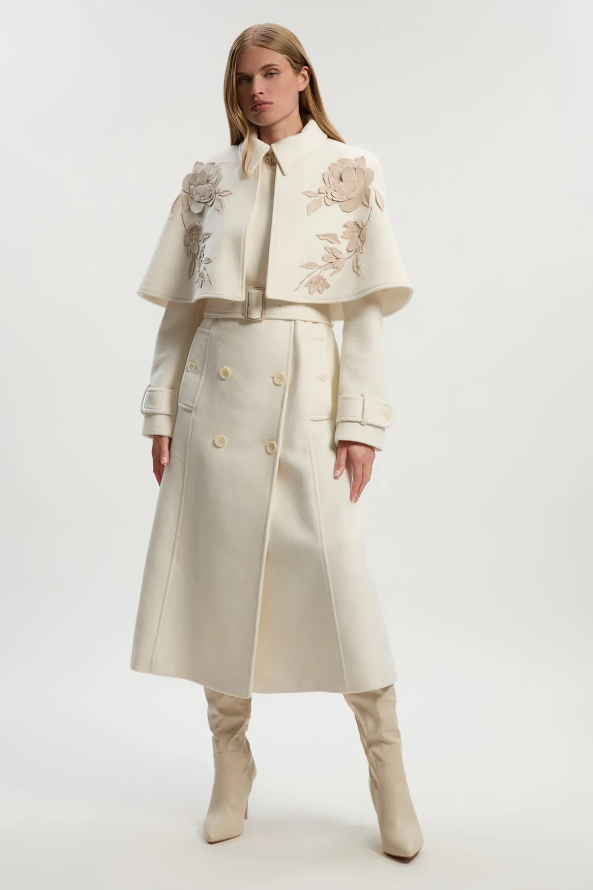 Brushed Wool Pu Mix Placed Floral Embroidery Applique Tailored Cape Full Skirted Midi Coat BKK25360