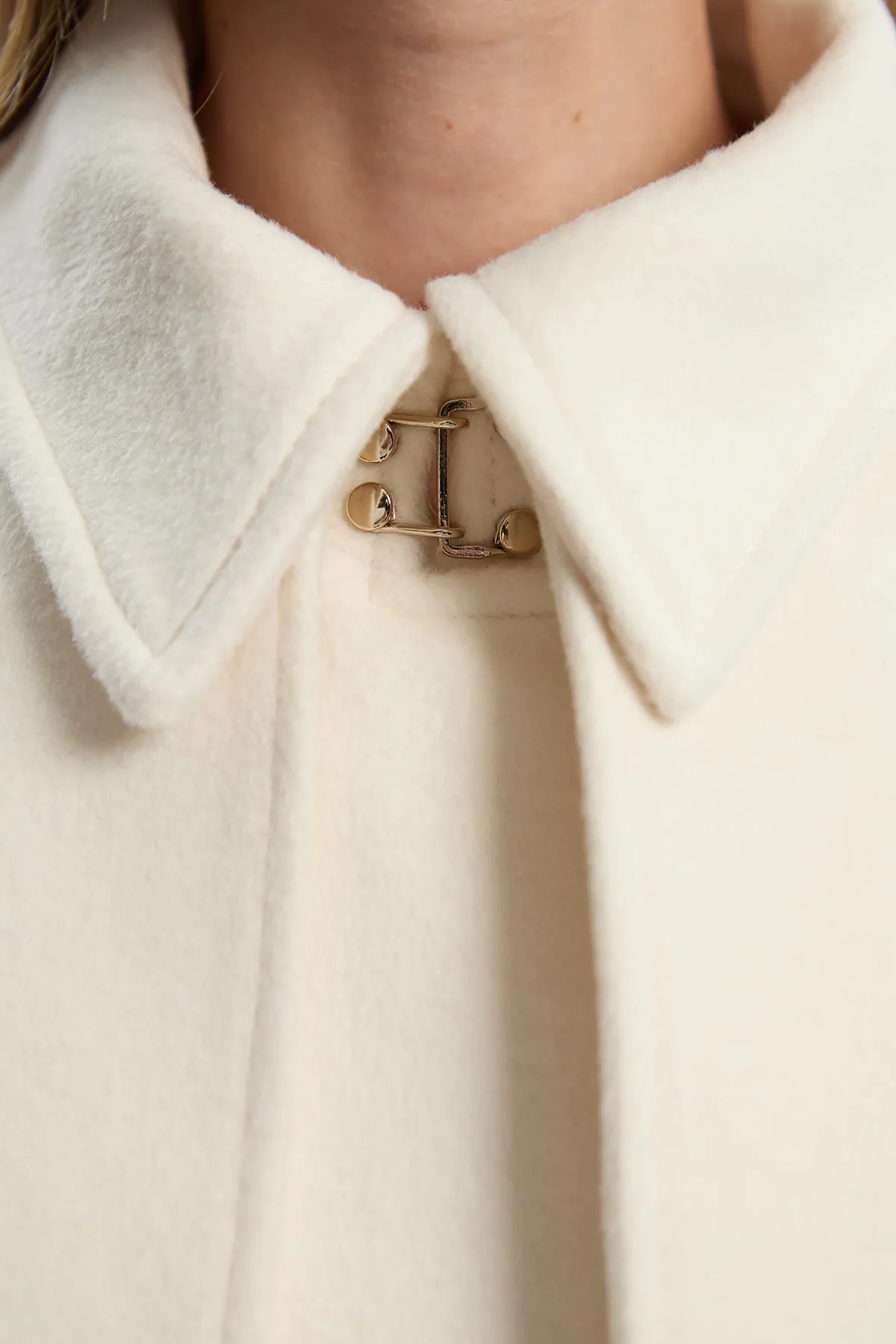 Brushed Wool Pu Mix Placed Floral Embroidery Applique Tailored Cape Full Skirted Midi Coat BKK25360