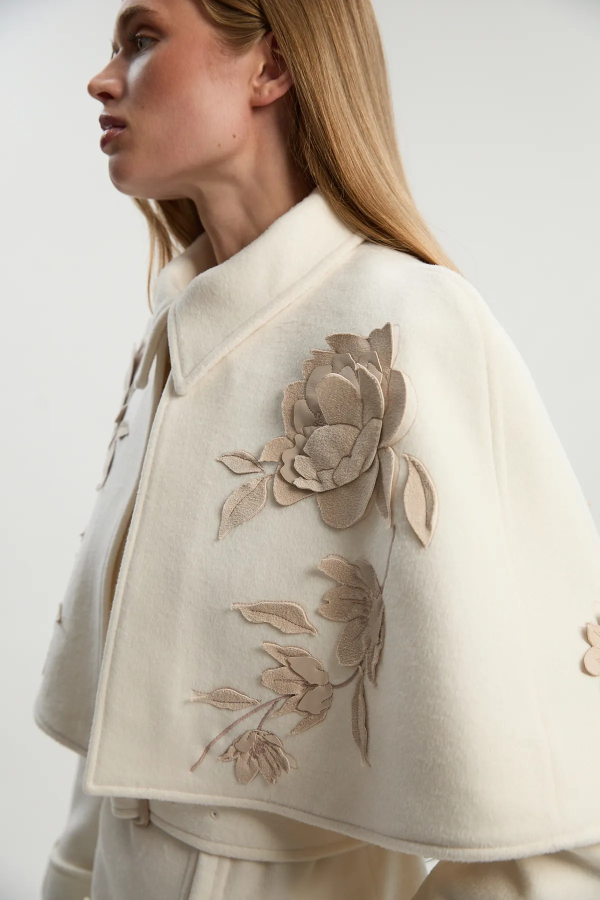 Brushed Wool Pu Mix Placed Floral Embroidery Applique Tailored Cape Full Skirted Midi Coat BKK25360 3 Brushed Wool Pu Mix Placed Floral Embroidery Applique Tailored Cape Full Skirted Midi Coat BKK25360