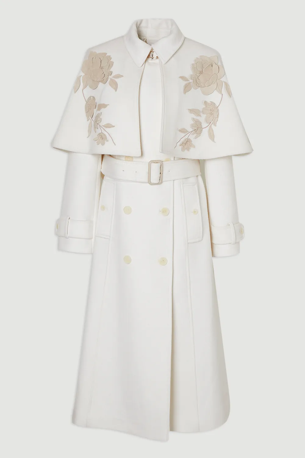 Brushed Wool Pu Mix Placed Floral Embroidery Applique Tailored Cape Full Skirted Midi Coat BKK25360 4 Brushed Wool Pu Mix Placed Floral Embroidery Applique Tailored Cape Full Skirted Midi Coat BKK25360