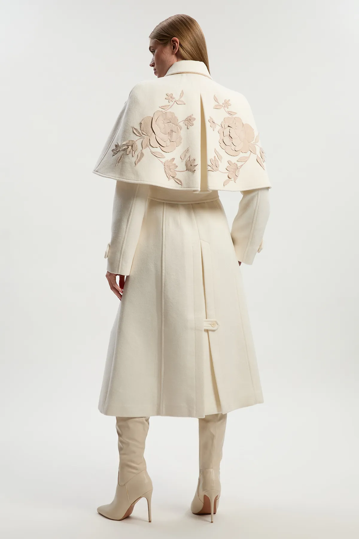 Brushed Wool Pu Mix Placed Floral Embroidery Applique Tailored Cape Full Skirted Midi Coat BKK25360 6 Brushed Wool Pu Mix Placed Floral Embroidery Applique Tailored Cape Full Skirted Midi Coat BKK25360