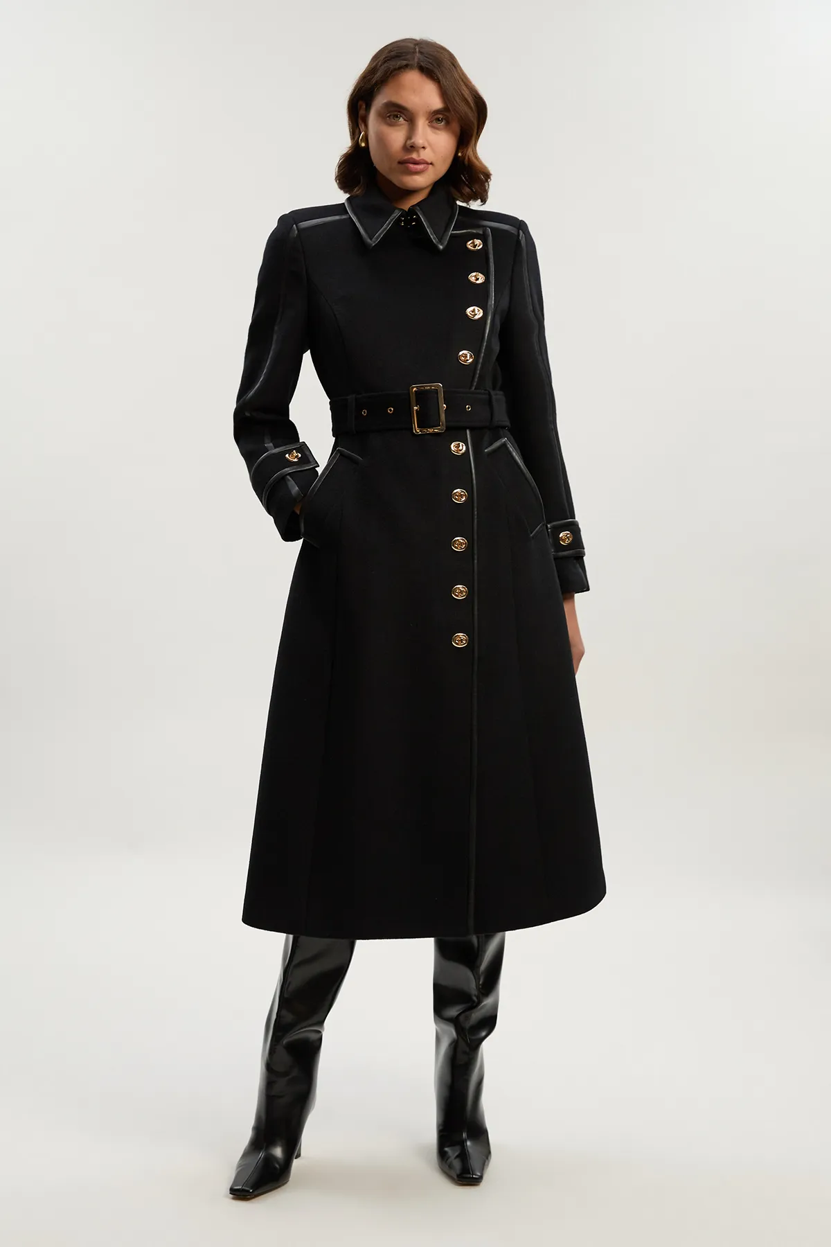 Brushed Wool Pu Mix Gold Trim Belted Midi Coat BKK25362