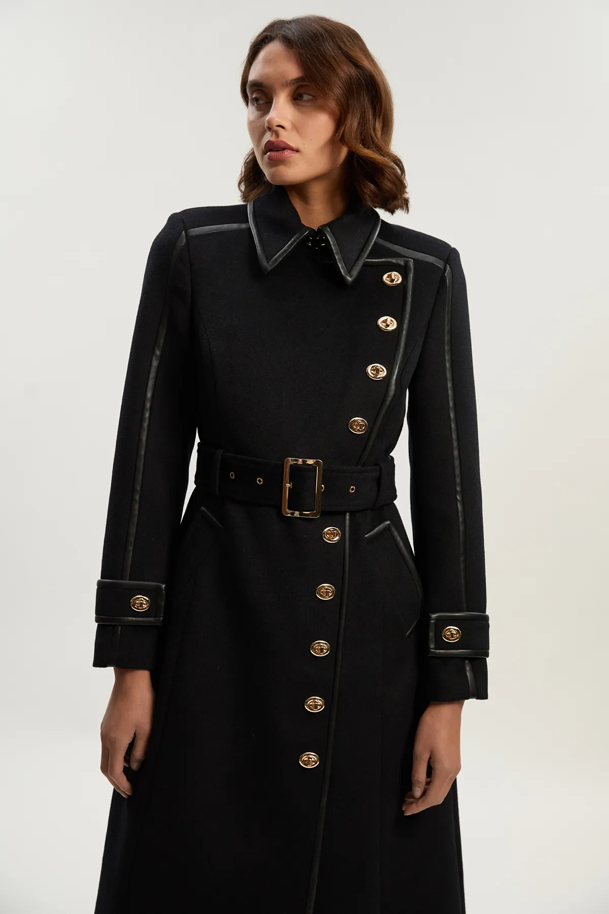 Brushed Wool Pu Mix Gold Trim Belted Midi Coat BKK25362