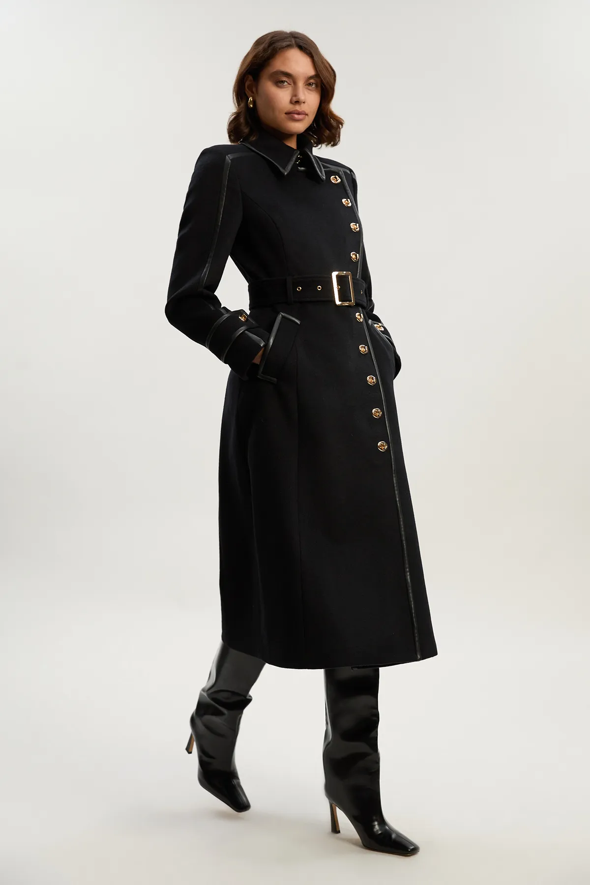 Brushed Wool Pu Mix Gold Trim Belted Midi Coat BKK25362 3 Brushed Wool Pu Mix Gold Trim Belted Midi Coat BKK25362