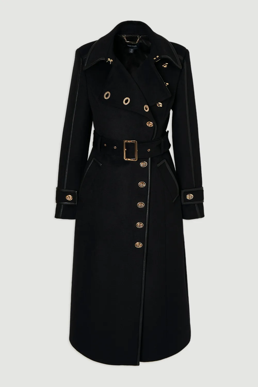 Brushed Wool Pu Mix Gold Trim Belted Midi Coat BKK25362 4 Brushed Wool Pu Mix Gold Trim Belted Midi Coat BKK25362